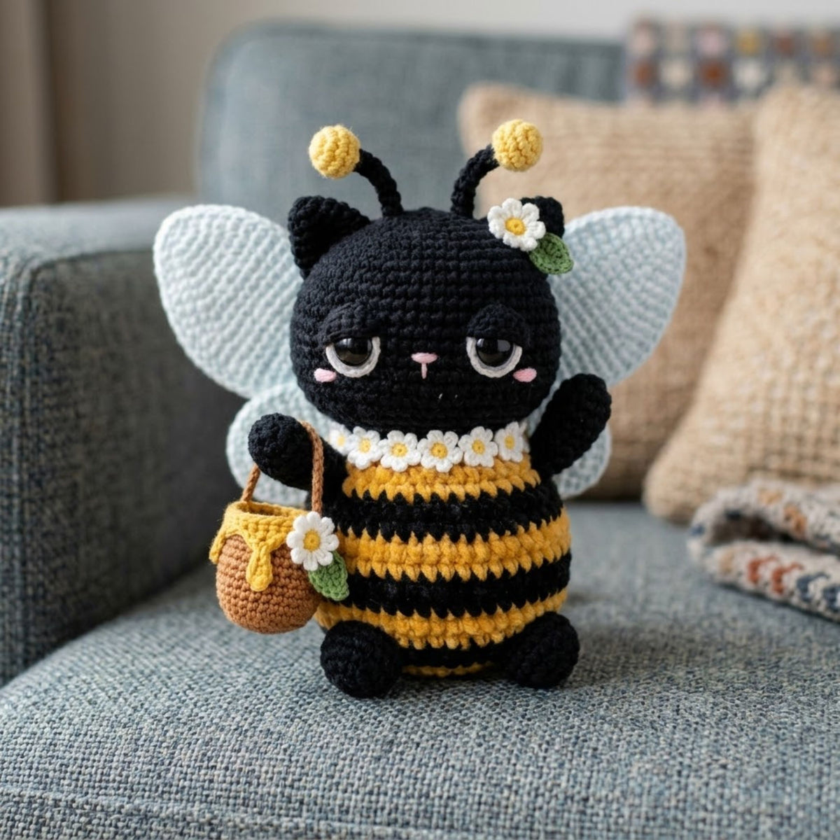 Cute Crochet Bee Cat Plush, Kawaii Amigurumi Black Cat Doll, Handmade Bumblebee Kitten Gift, Nursery Decor Sizes 4-12in