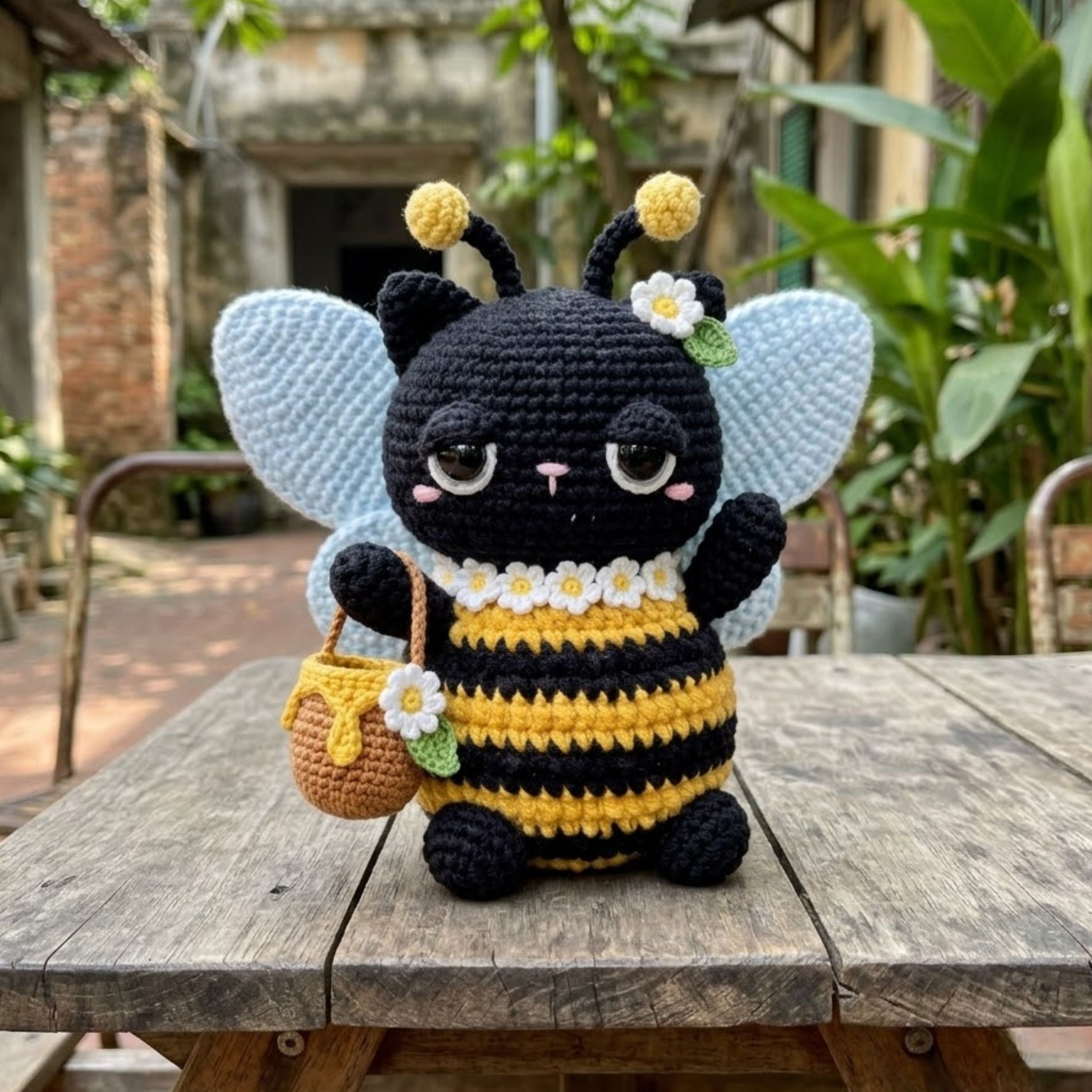 Cute Crochet Bee Cat Plush, Kawaii Amigurumi Black Cat Doll, Handmade Bumblebee Kitten Gift, Nursery Decor Sizes 4-12in