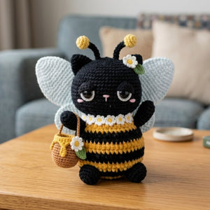 Cute Crochet Bee Cat Plush, Kawaii Amigurumi Black Cat Doll, Handmade Bumblebee Kitten Gift, Nursery Decor Sizes 4-12in