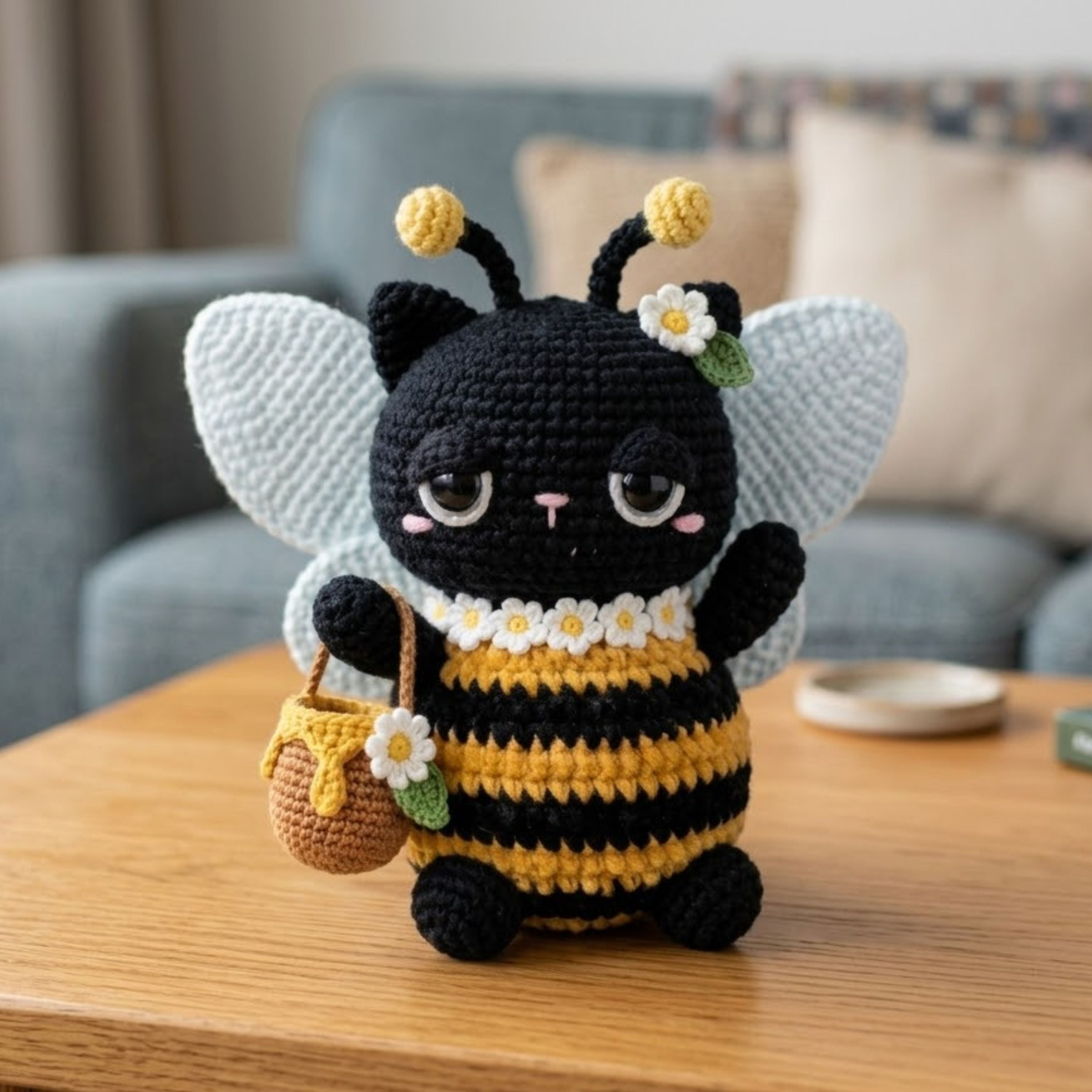 Cute Crochet Bee Cat Plush, Kawaii Amigurumi Black Cat Doll, Handmade Bumblebee Kitten Gift, Nursery Decor Sizes 4-12in