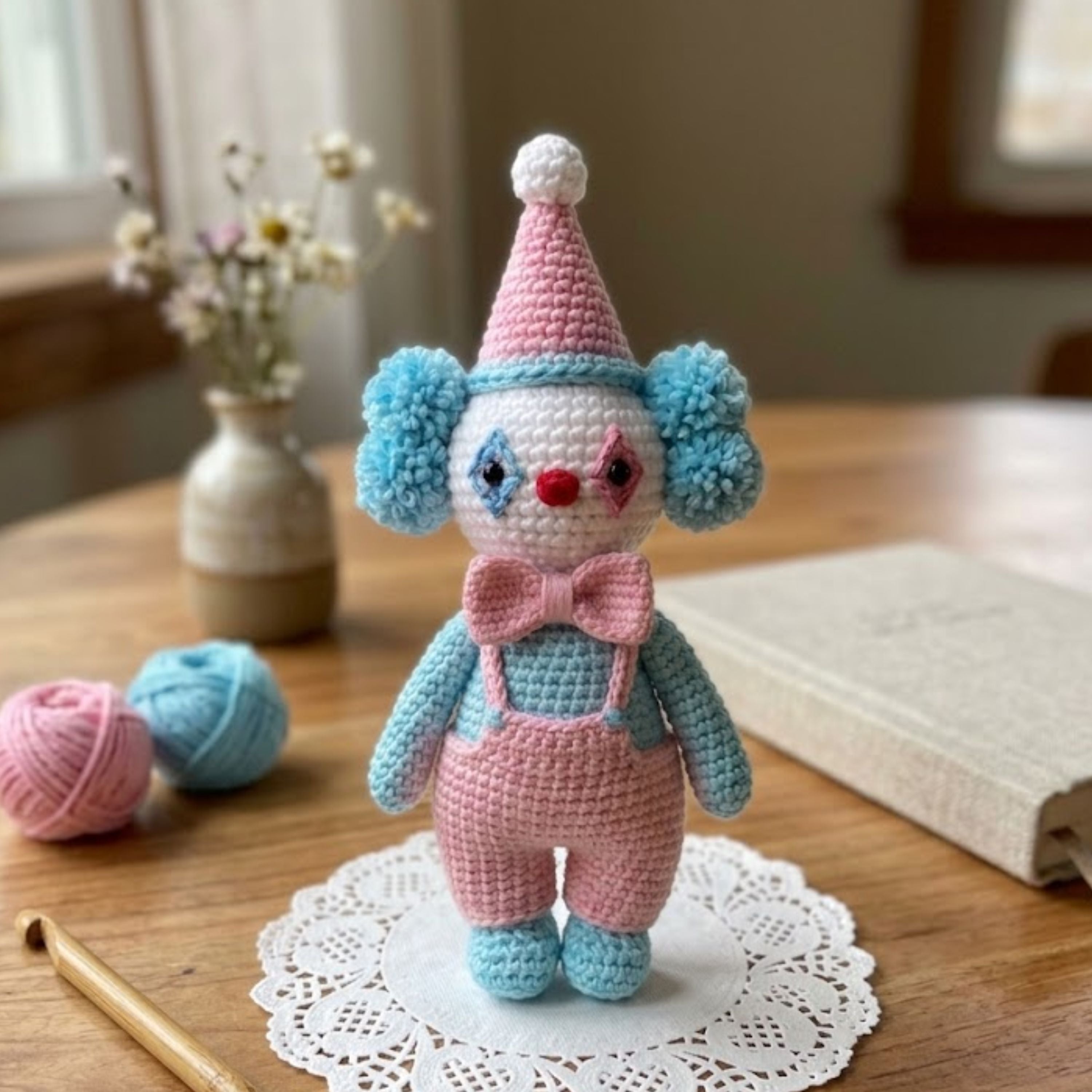 Cute Crochet Clown Doll Plush, Kawaii Amigurumi Circus Baby Toy, Handmade Pastel Nursery Decor Gift, Soft Clown Plush Sizes 4-12in Kids Gift