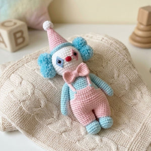 Cute Crochet Clown Doll Plush, Kawaii Amigurumi Circus Baby Toy, Handmade Pastel Nursery Decor Gift, Soft Clown Plush Sizes 4-12in Kids Gift