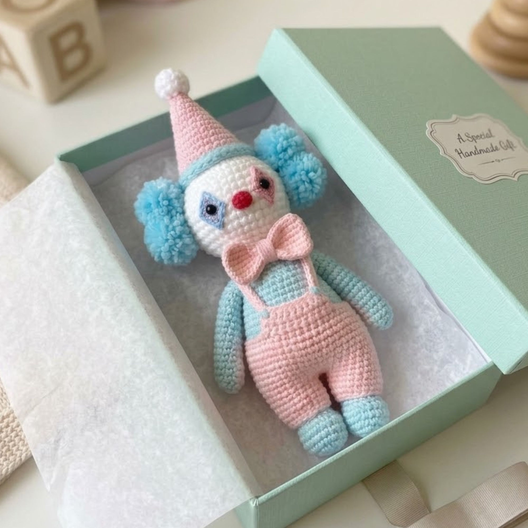 Cute Crochet Clown Doll Plush, Kawaii Amigurumi Circus Baby Toy, Handmade Pastel Nursery Decor Gift, Soft Clown Plush Sizes 4-12in Kids Gift