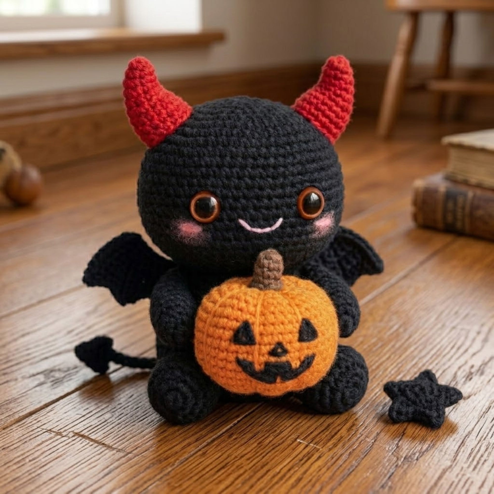 Cute Crochet Devil Bat Plush, Kawaii Amigurumi Halloween Demon Doll, Handmade Pumpkin Bat Toy, Spooky Gothic Nursery Decor Gift Sizes 4-12in