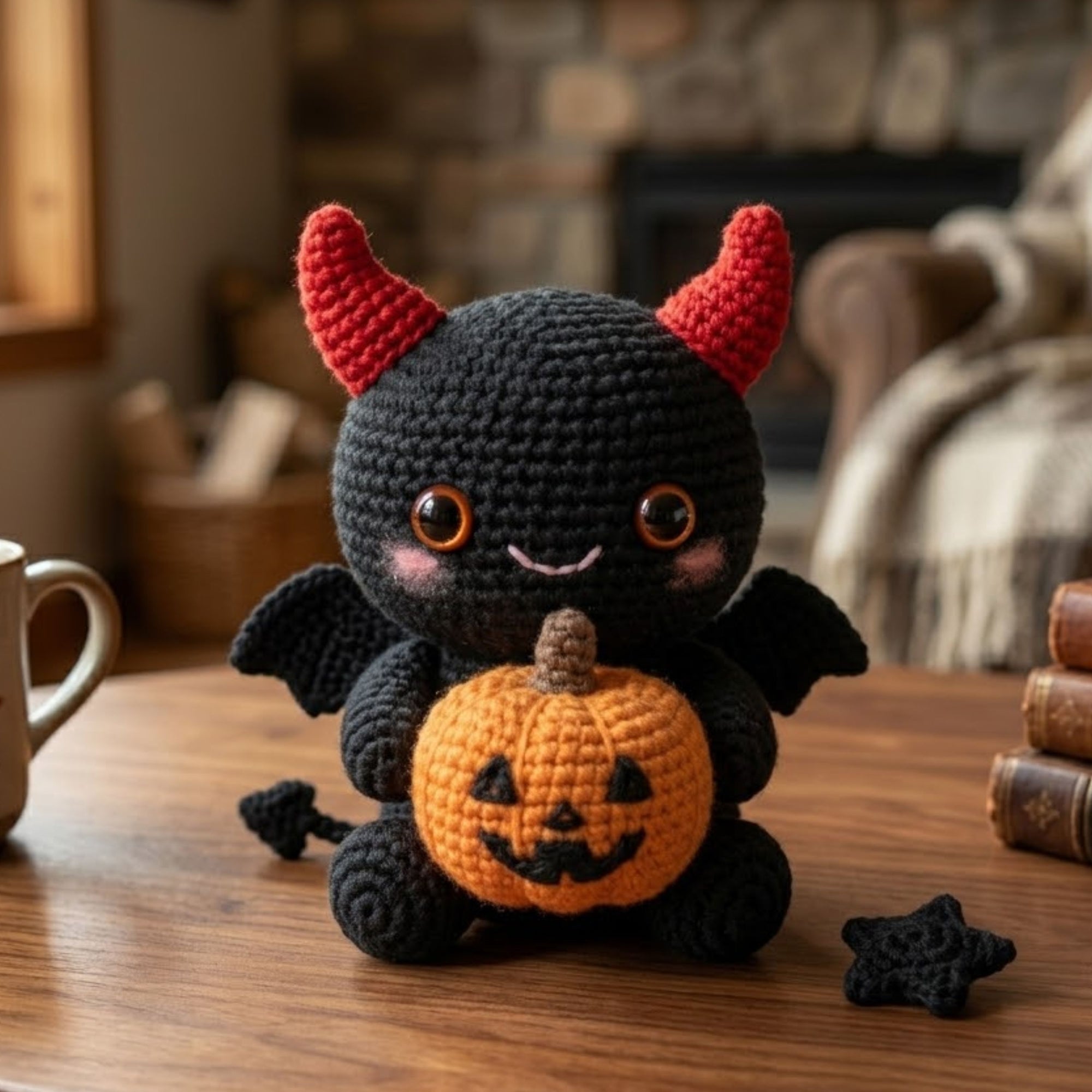 Cute Crochet Devil Bat Plush, Kawaii Amigurumi Halloween Demon Doll, Handmade Pumpkin Bat Toy, Spooky Gothic Nursery Decor Gift Sizes 4-12in