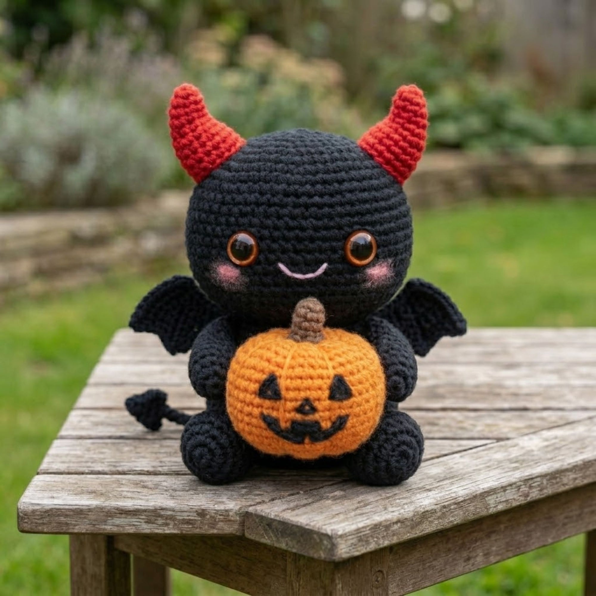 Cute Crochet Devil Bat Plush, Kawaii Amigurumi Halloween Demon Doll, Handmade Pumpkin Bat Toy, Spooky Gothic Nursery Decor Gift Sizes 4-12in