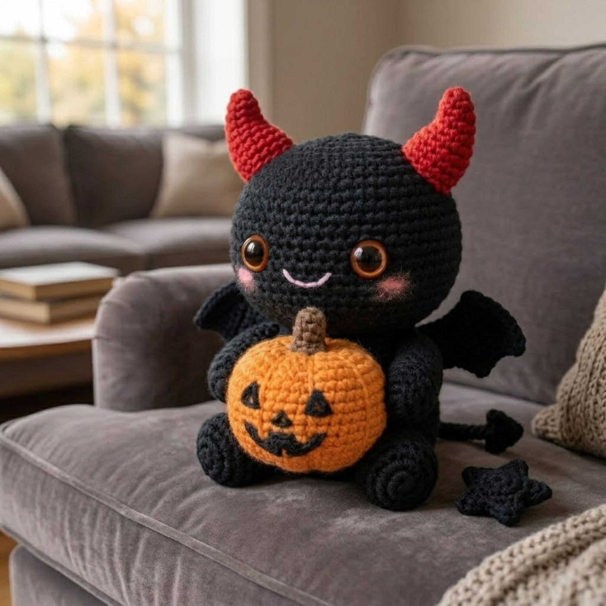 Cute Crochet Devil Bat Plush, Kawaii Amigurumi Halloween Demon Doll, Handmade Pumpkin Bat Toy, Spooky Gothic Nursery Decor Gift Sizes 4-12in