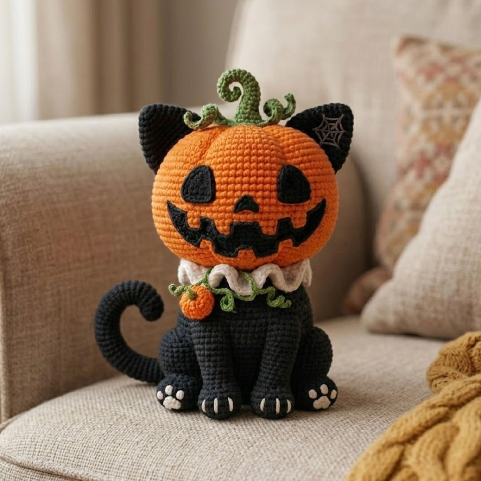 Crochet Pumpkin Cat Plush, Handmade Halloween Amigurumi Black Cat Toy with Jack O Lantern Head, Cute Kawaii Fall Gift Decor, Sizes 4-12in