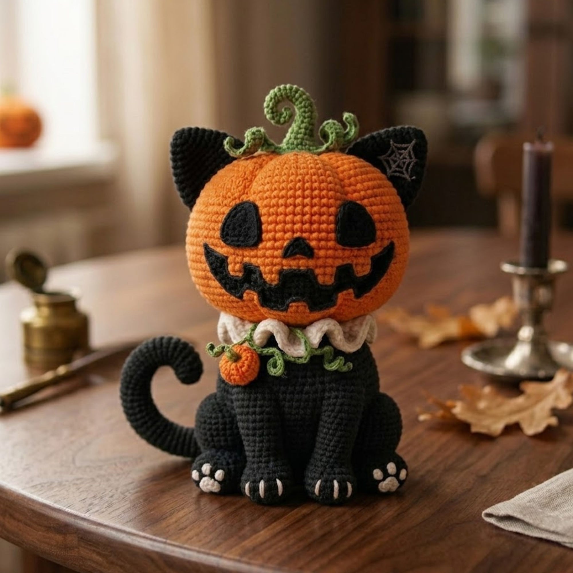 Crochet Pumpkin Cat Plush, Handmade Halloween Amigurumi Black Cat Toy with Jack O Lantern Head, Cute Kawaii Fall Gift Decor, Sizes 4-12in