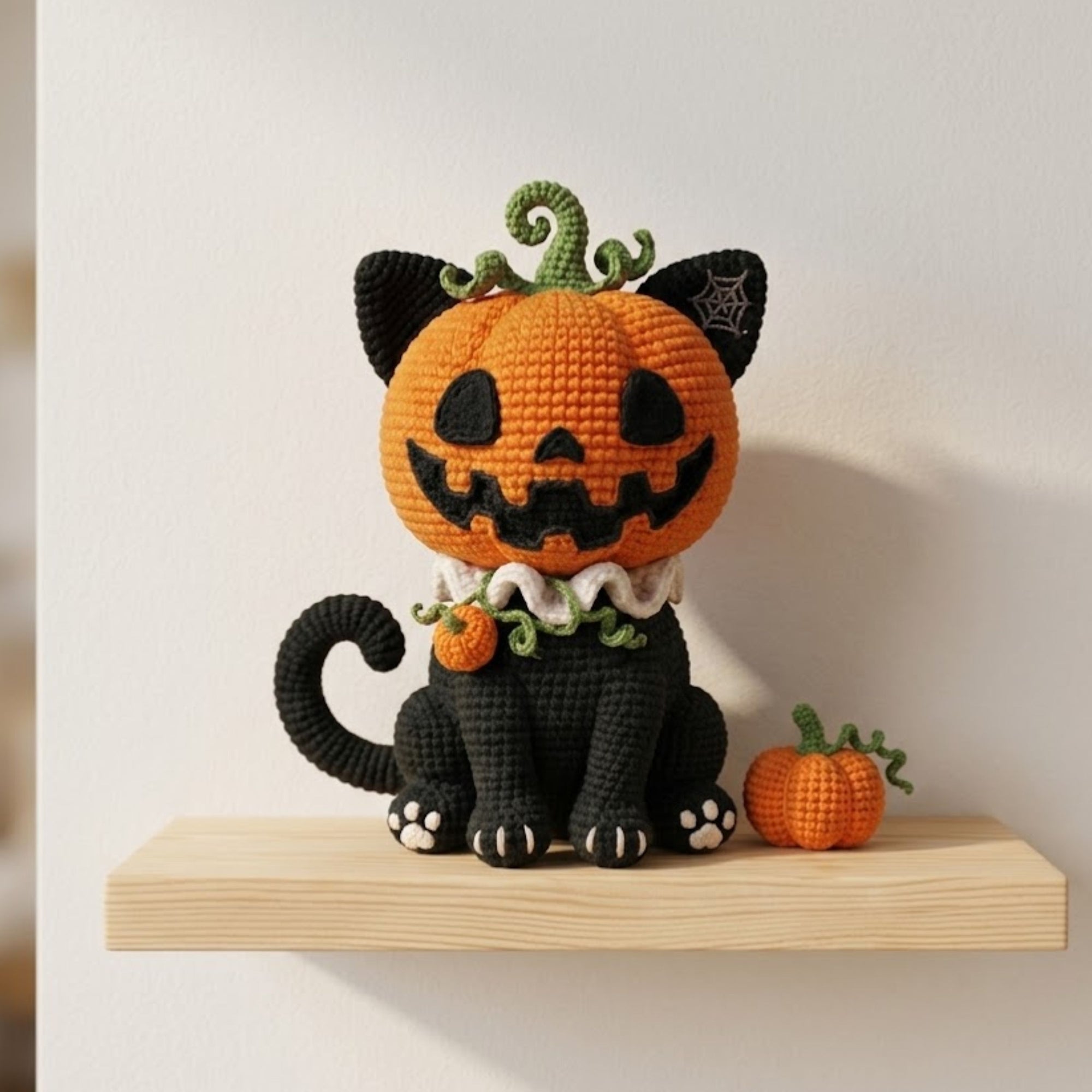 Crochet Pumpkin Cat Plush, Handmade Halloween Amigurumi Black Cat Toy with Jack O Lantern Head, Cute Kawaii Fall Gift Decor, Sizes 4-12in