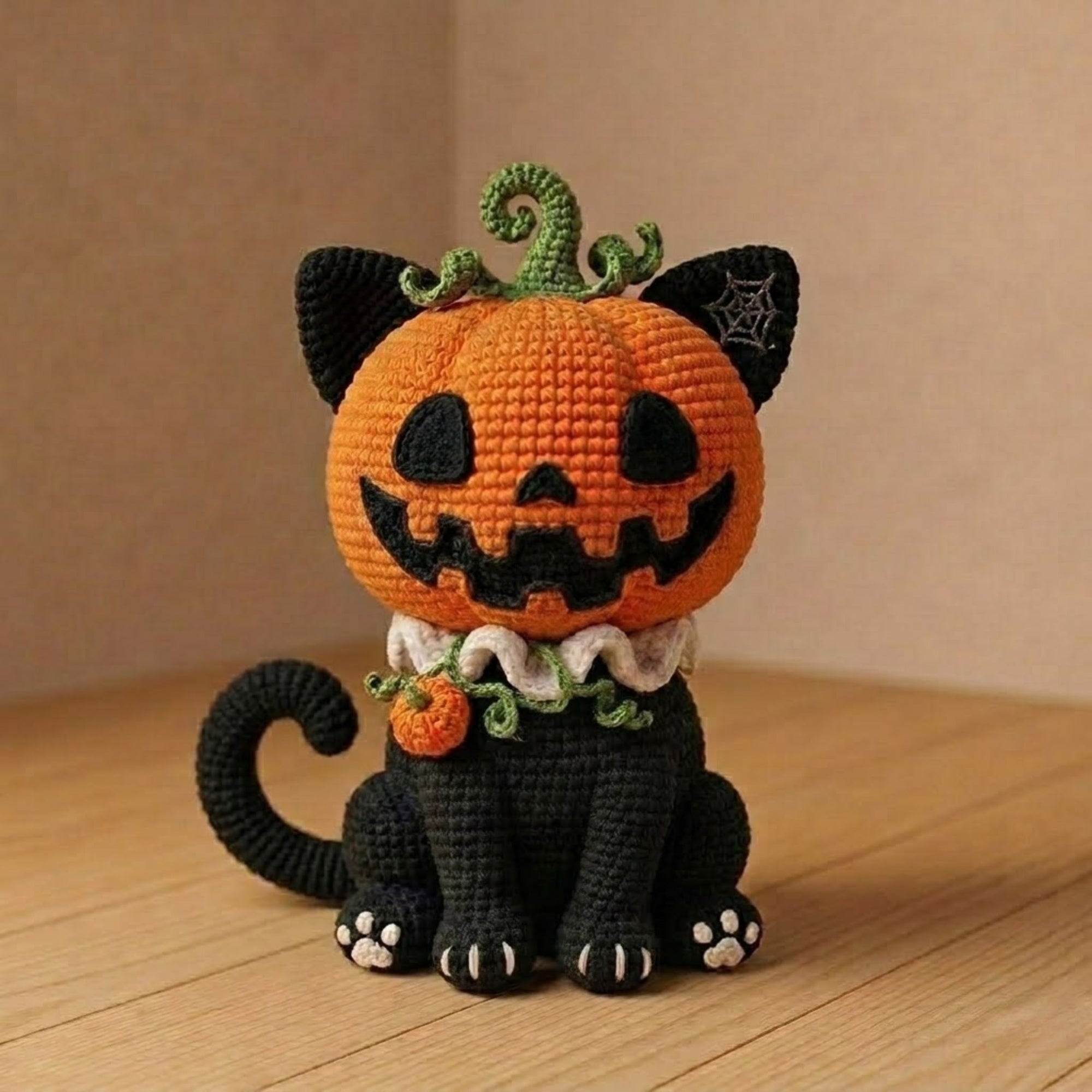 Crochet Pumpkin Cat Plush, Handmade Halloween Amigurumi Black Cat Toy with Jack O Lantern Head, Cute Kawaii Fall Gift Decor, Sizes 4-12in