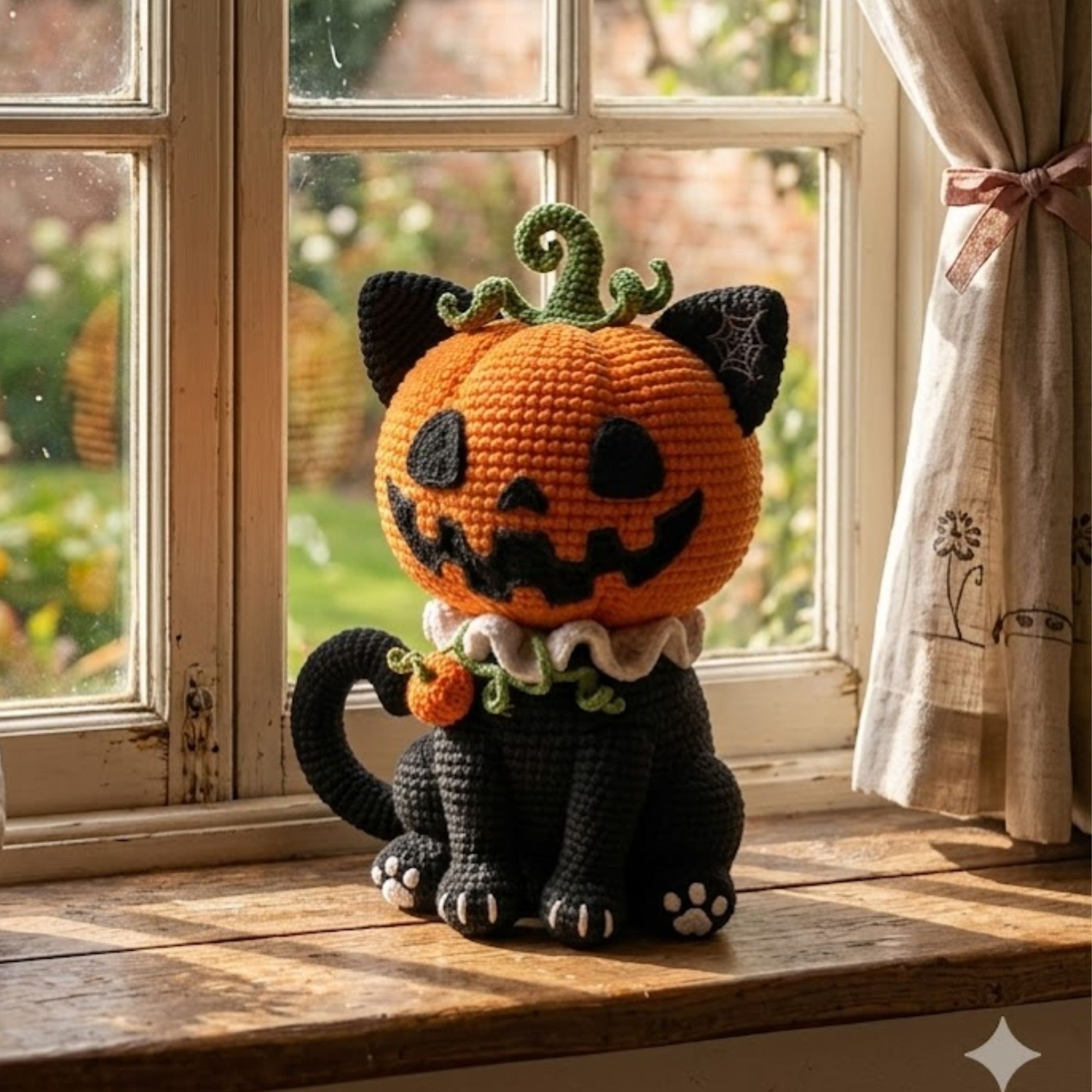 Crochet Pumpkin Cat Plush, Handmade Halloween Amigurumi Black Cat Toy with Jack O Lantern Head, Cute Kawaii Fall Gift Decor, Sizes 4-12in