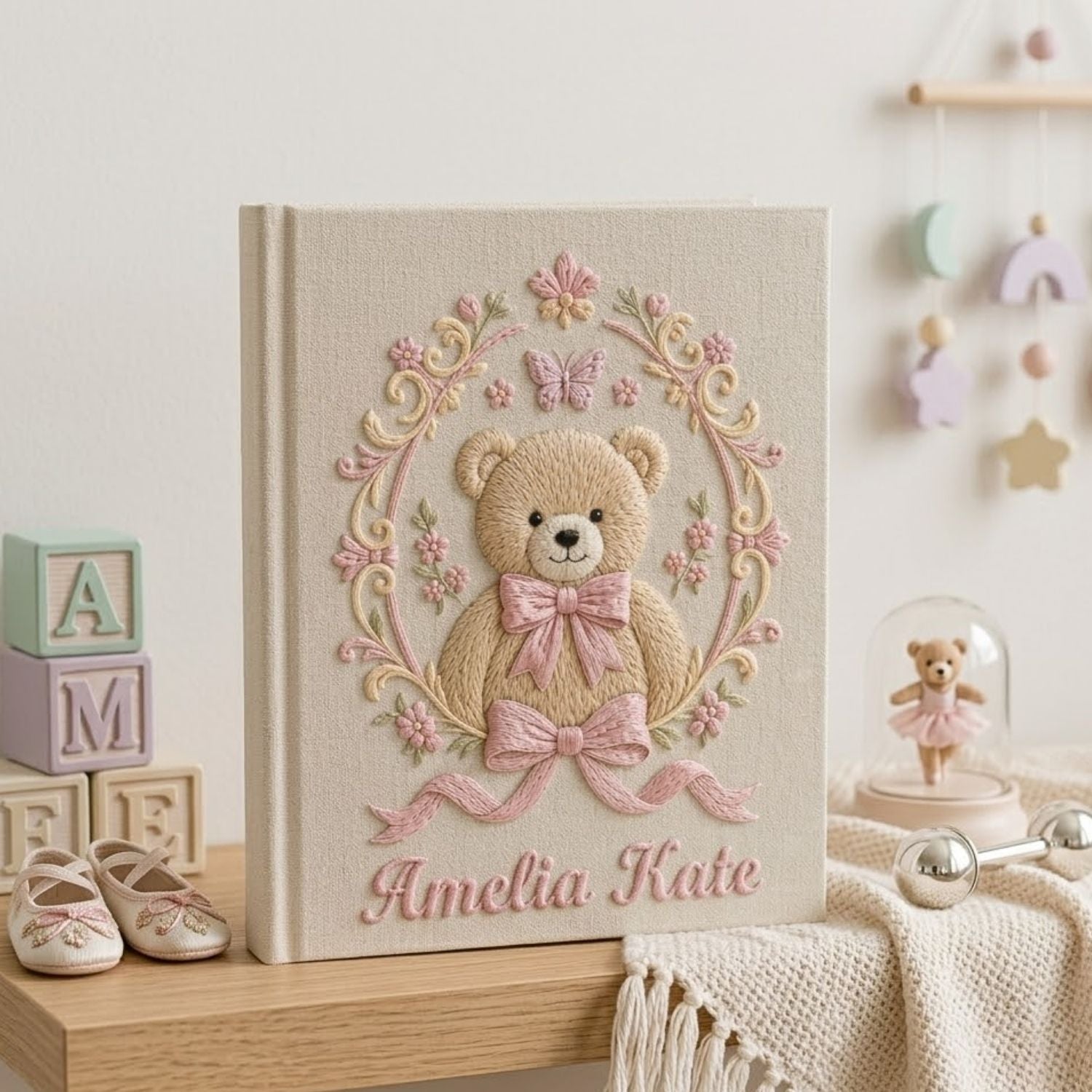 Personalized Baby Photo Album, Hand Embroidered Dinosaur Memory Book, Custom Name Keepsake, Woodland Nursery Gift, Newborn, Baby Shower Gift