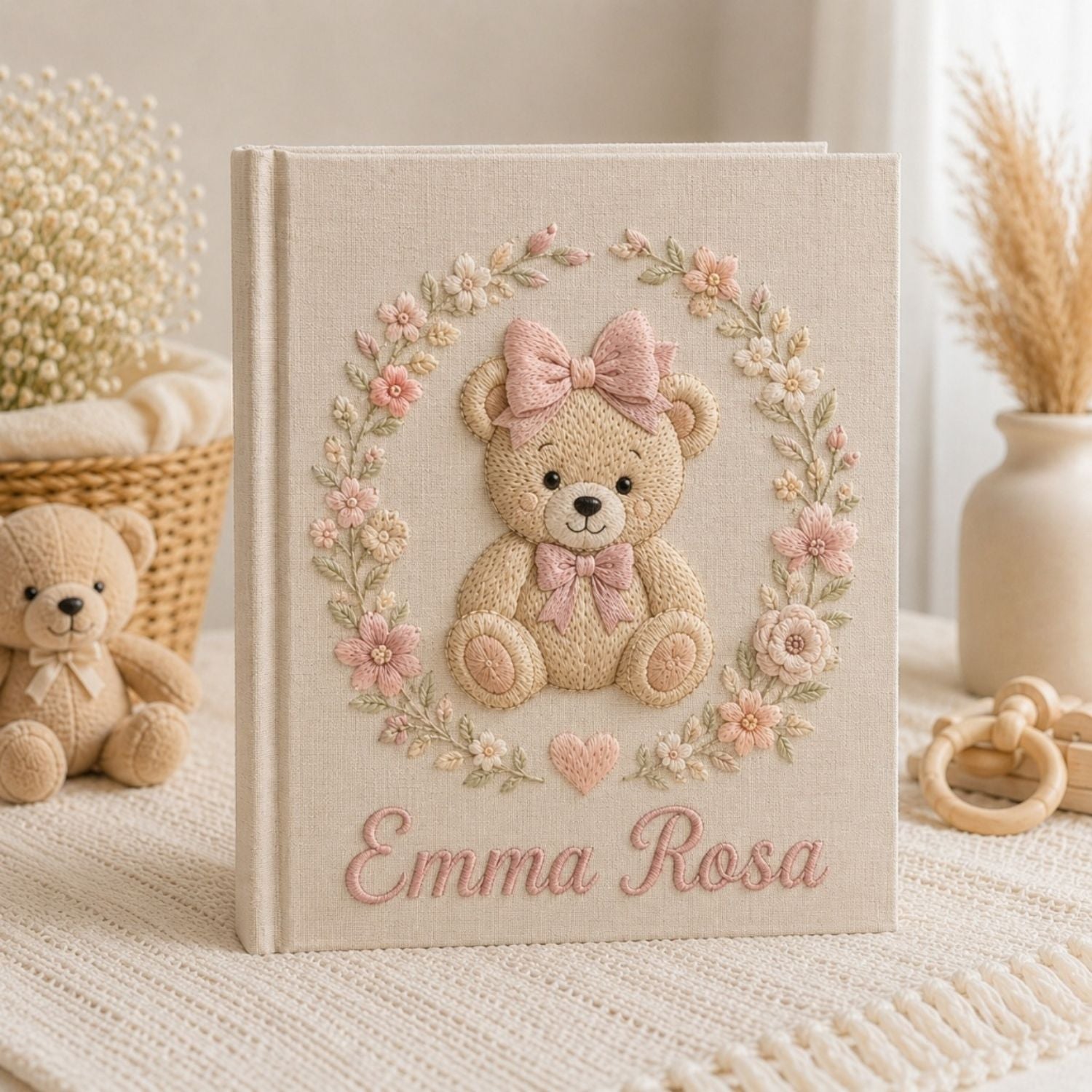Personalized Baby Photo Album, Hand Embroidered Dinosaur Memory Book, Custom Name Keepsake, Woodland Nursery Gift, Newborn, Baby Shower Gift