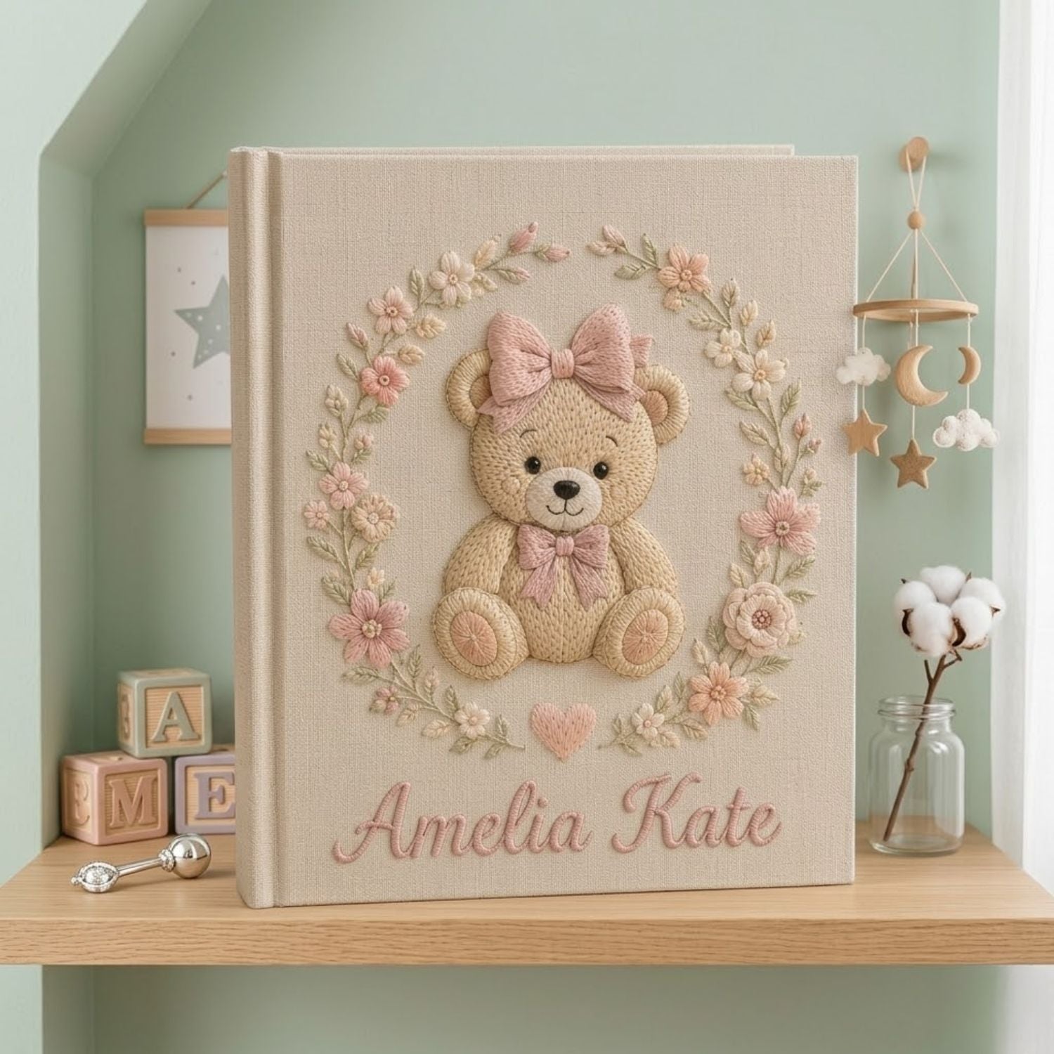 Personalized Baby Photo Album, Hand Embroidered Dinosaur Memory Book, Custom Name Keepsake, Woodland Nursery Gift, Newborn, Baby Shower Gift