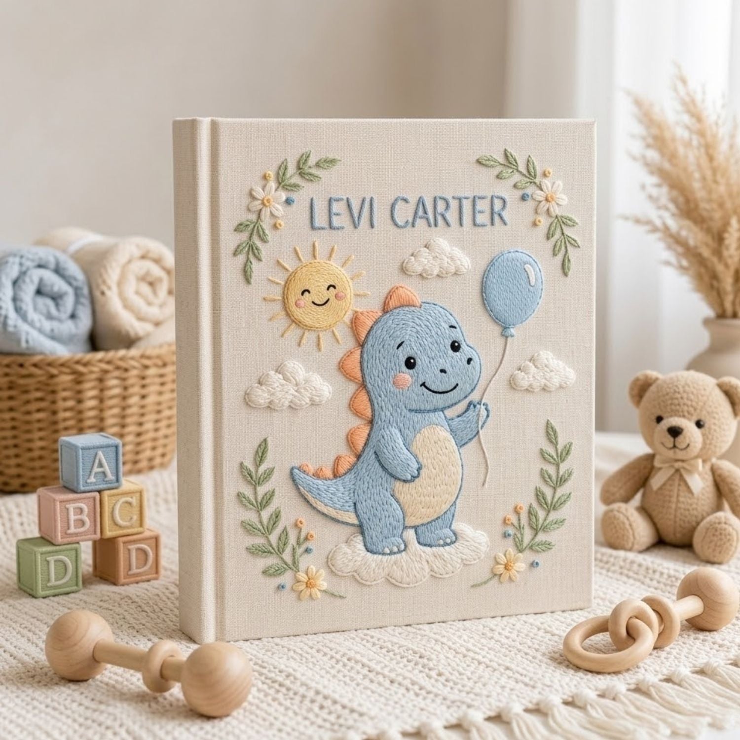 Personalized Baby Photo Album, Hand Embroidered Dinosaur Memory Book, Custom Name Keepsake, Woodland Nursery Gift, Newborn, Baby Shower Gift