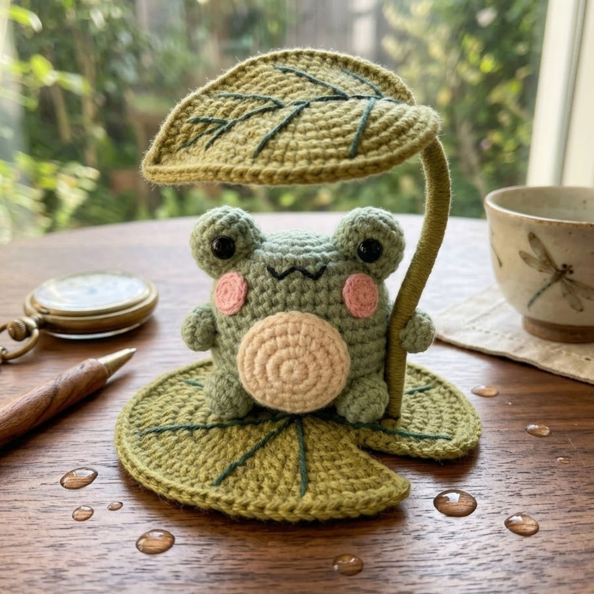 Cute Crochet Frog Plush with Leaf Umbrella, Kawaii Amigurumi Pond Frog Doll, Handmade Woodland Nursery Decor Gift Soft Baby Toy Sizes 4-12in