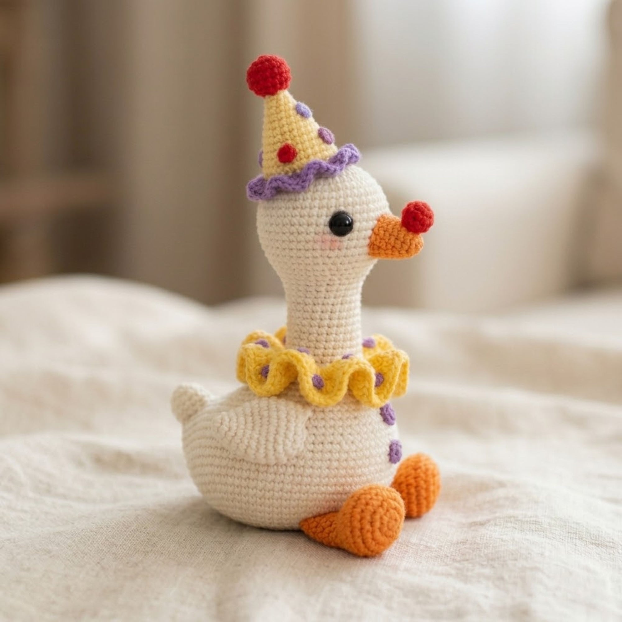 Cute Crochet Clown Goose Plush, Kawaii Amigurumi Goose Doll, Handmade Circus Nursery Decor Gift, Soft Baby Toy Sizes 4-12-in Kids Room Decor