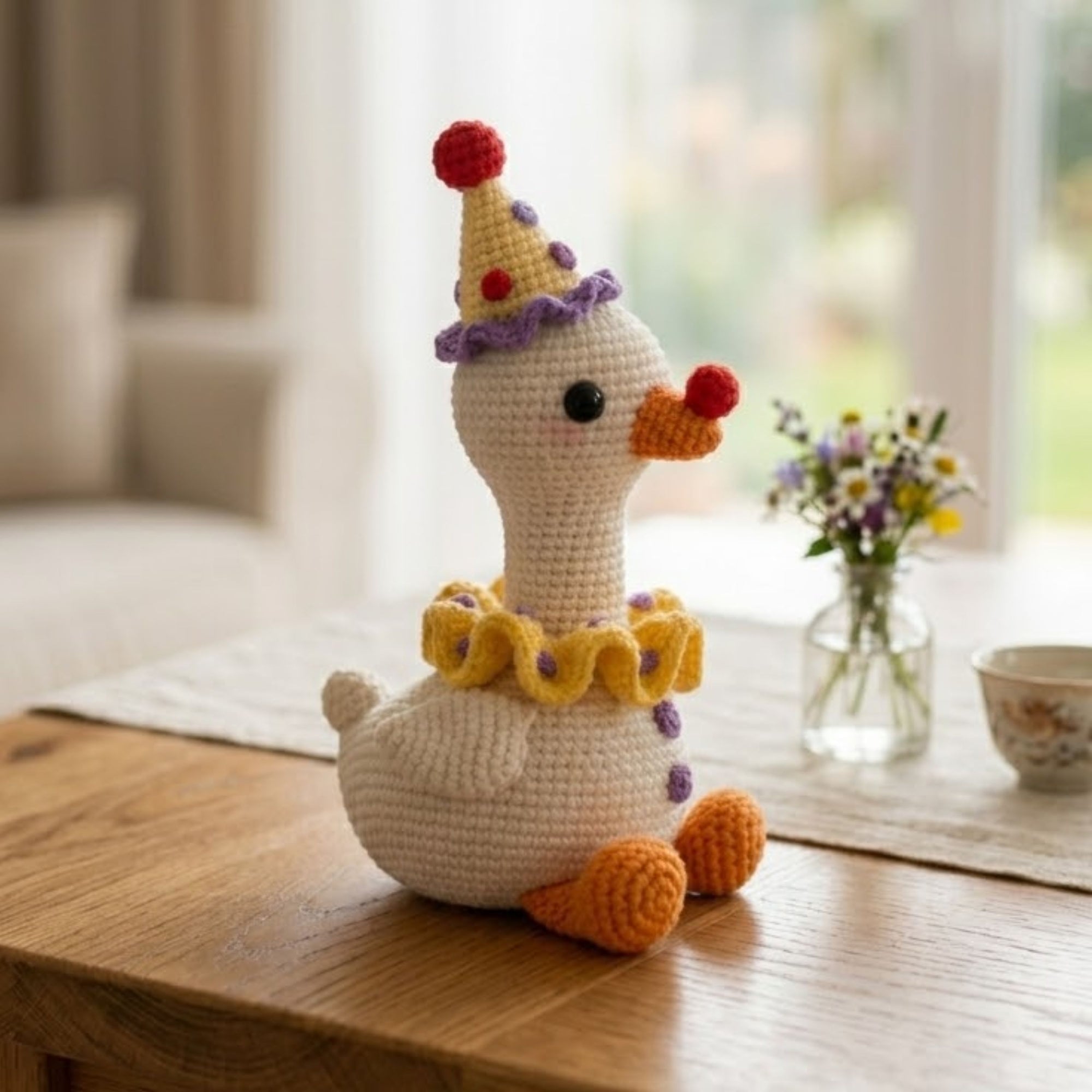 Cute Crochet Clown Goose Plush, Kawaii Amigurumi Goose Doll, Handmade Circus Nursery Decor Gift, Soft Baby Toy Sizes 4-12-in Kids Room Decor