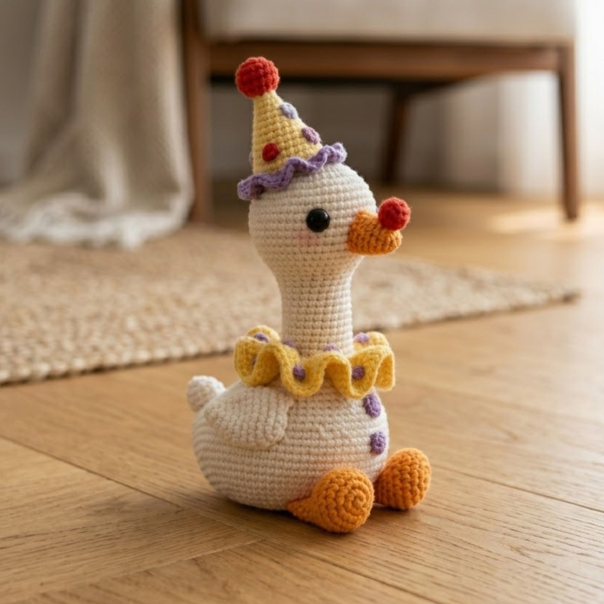 Cute Crochet Clown Goose Plush, Kawaii Amigurumi Goose Doll, Handmade Circus Nursery Decor Gift, Soft Baby Toy Sizes 4-12-in Kids Room Decor