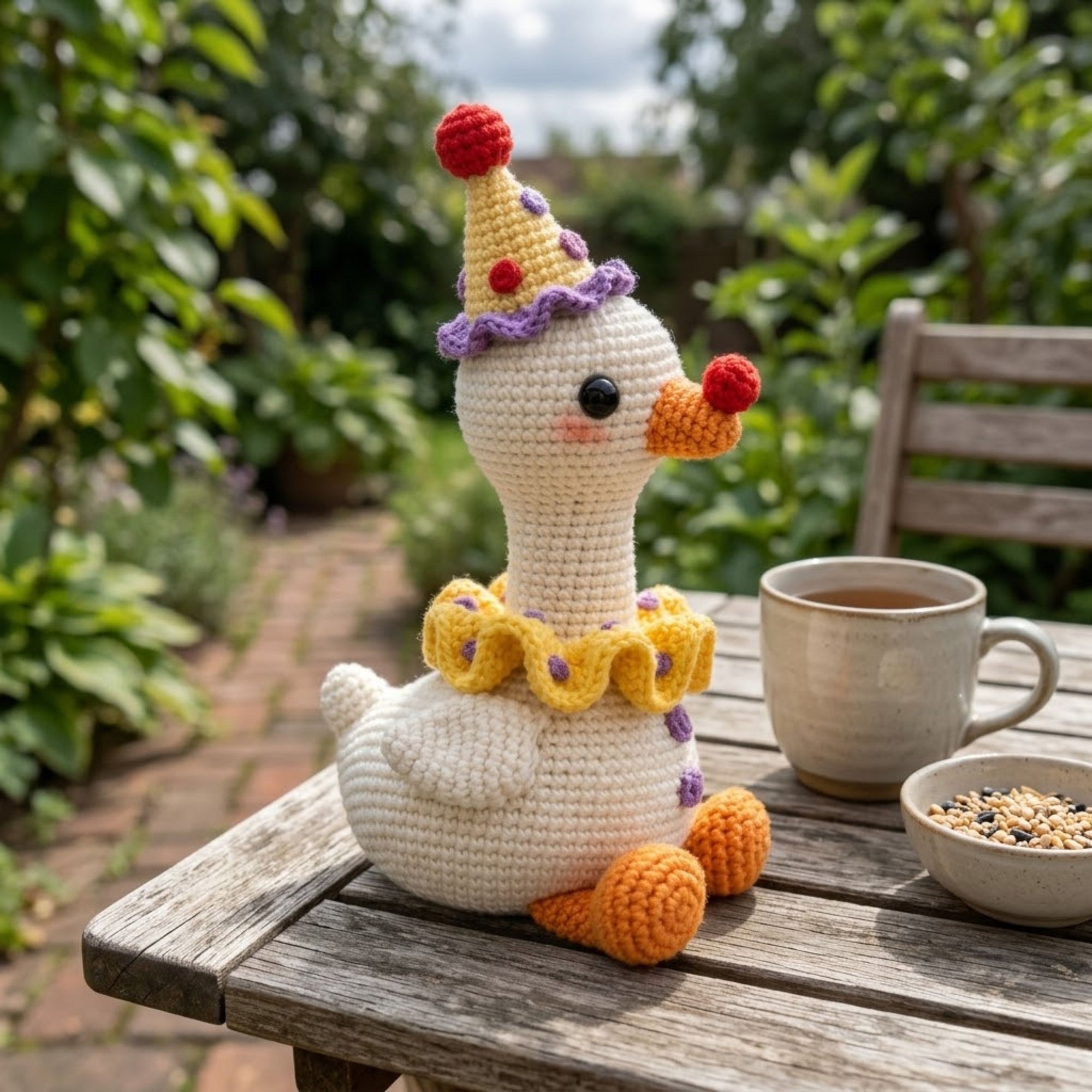 Cute Crochet Clown Goose Plush, Kawaii Amigurumi Goose Doll, Handmade Circus Nursery Decor Gift, Soft Baby Toy Sizes 4-12-in Kids Room Decor