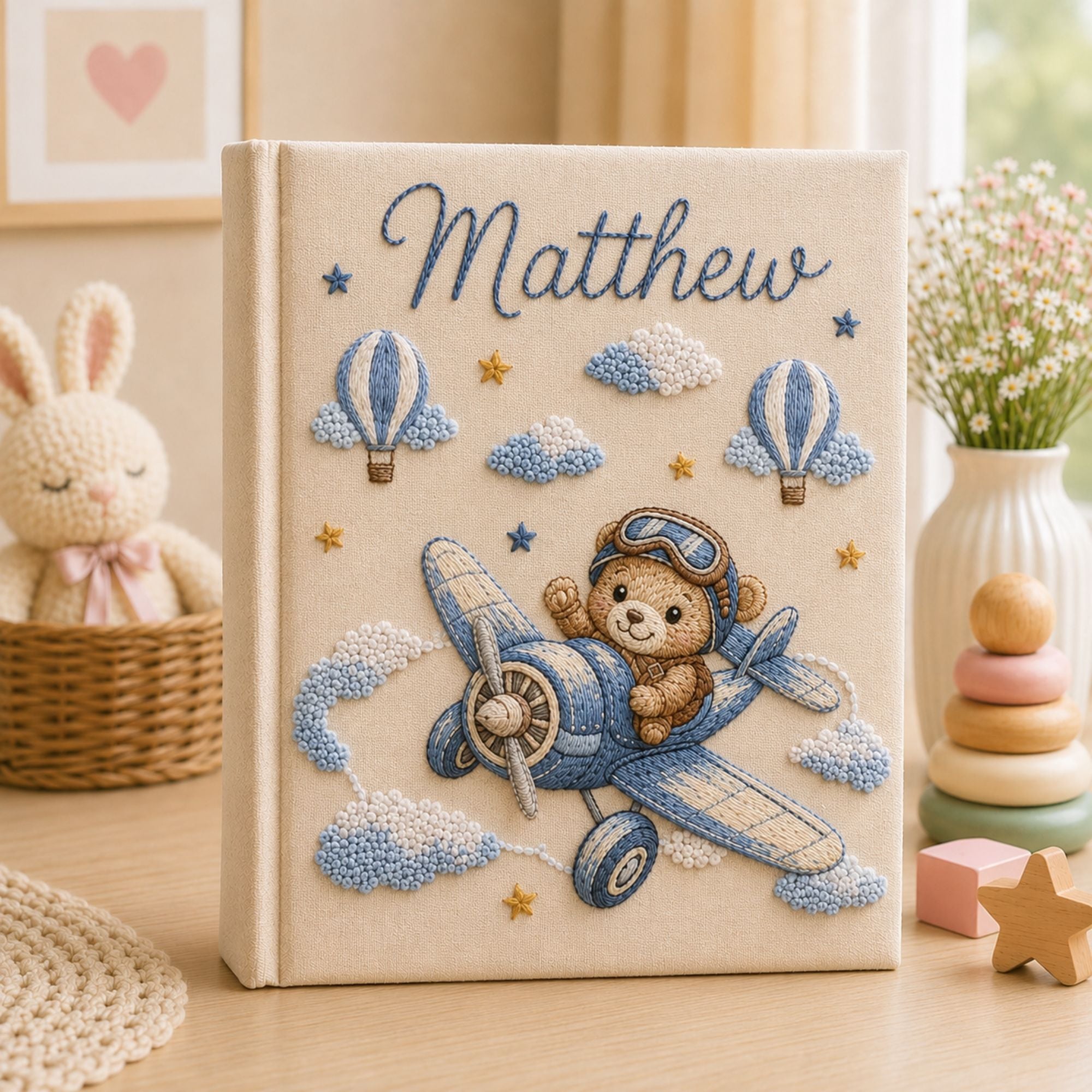 Hand Embroidered Teddy Bear Baby Photo Album, Airplane Teddy Bear Keepsake Book, Custom Hot Air Balloon Newborn Memory Book, Nursery Gift