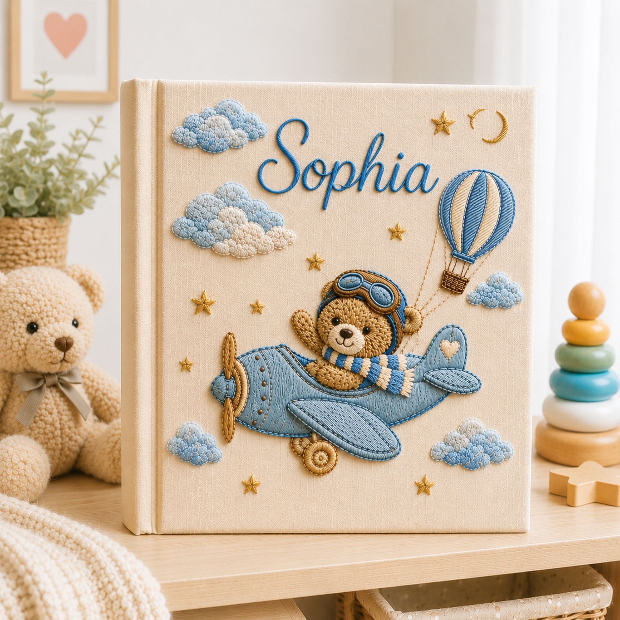 Personalized Embroidered Airplane Baby Photo Album, Custom Teddy Bear Baby Memory Book, Hot Air Balloon Baby Book, Newborn Keepsake Gift