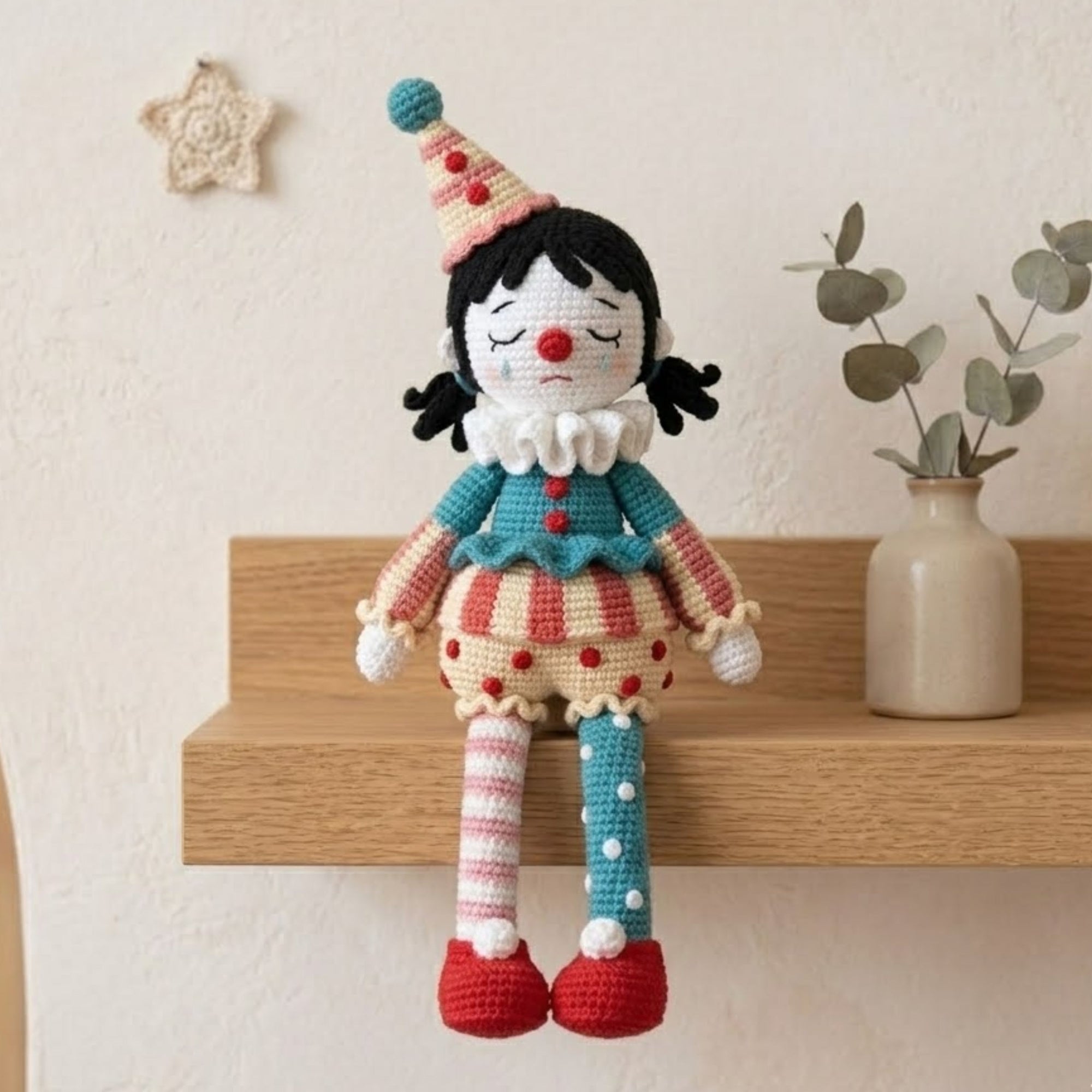 Crochet Sad Clown Doll, Handmade Amigurumi Circus Plush, Cute Pierrot Stuffed Toy, Kawaii Nursery Decor Gift, Sizes 4-12 Inch Soft Toy Decor