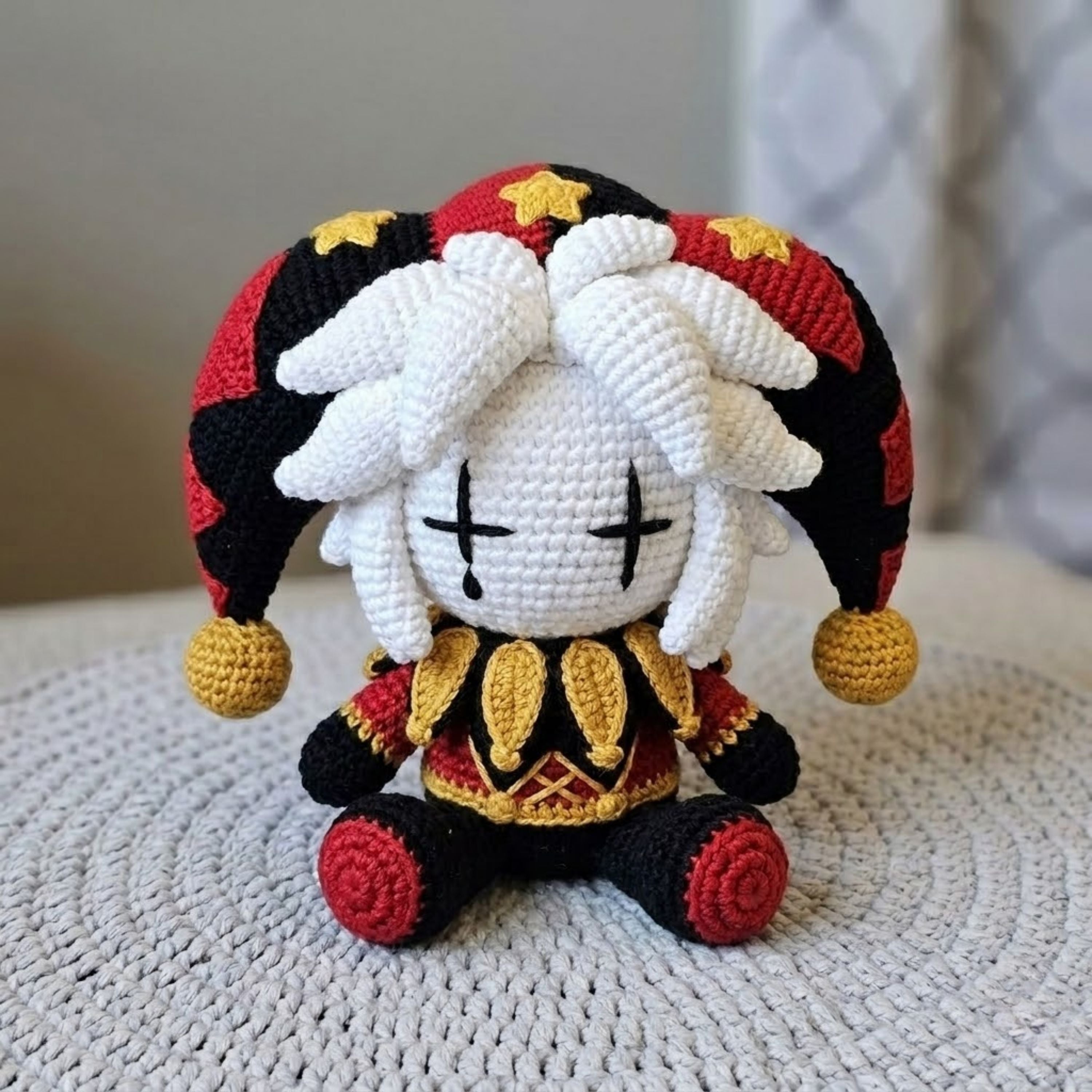 Crochet Gothic Jester Doll, Handmade Amigurumi Clown Plush, Cute Dark Circus Stuffed Toy, Kawaii Nursery Room Decor, Size 4-12 Inch Gift Toy