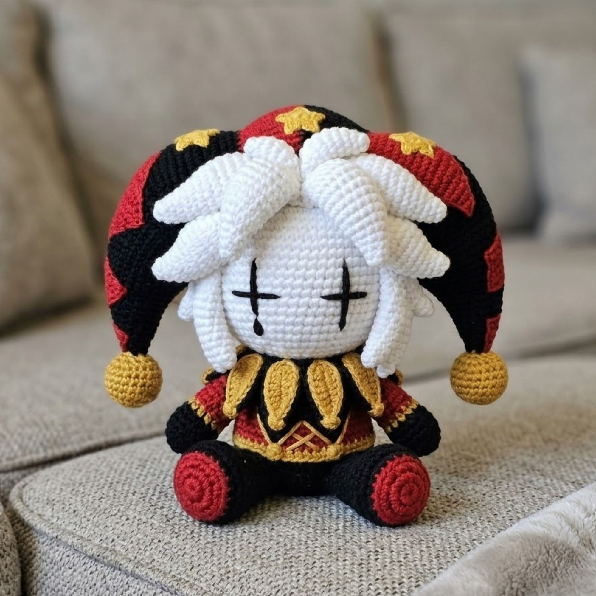 Crochet Gothic Jester Doll, Handmade Amigurumi Clown Plush, Cute Dark Circus Stuffed Toy, Kawaii Nursery Room Decor, Size 4-12 Inch Gift Toy
