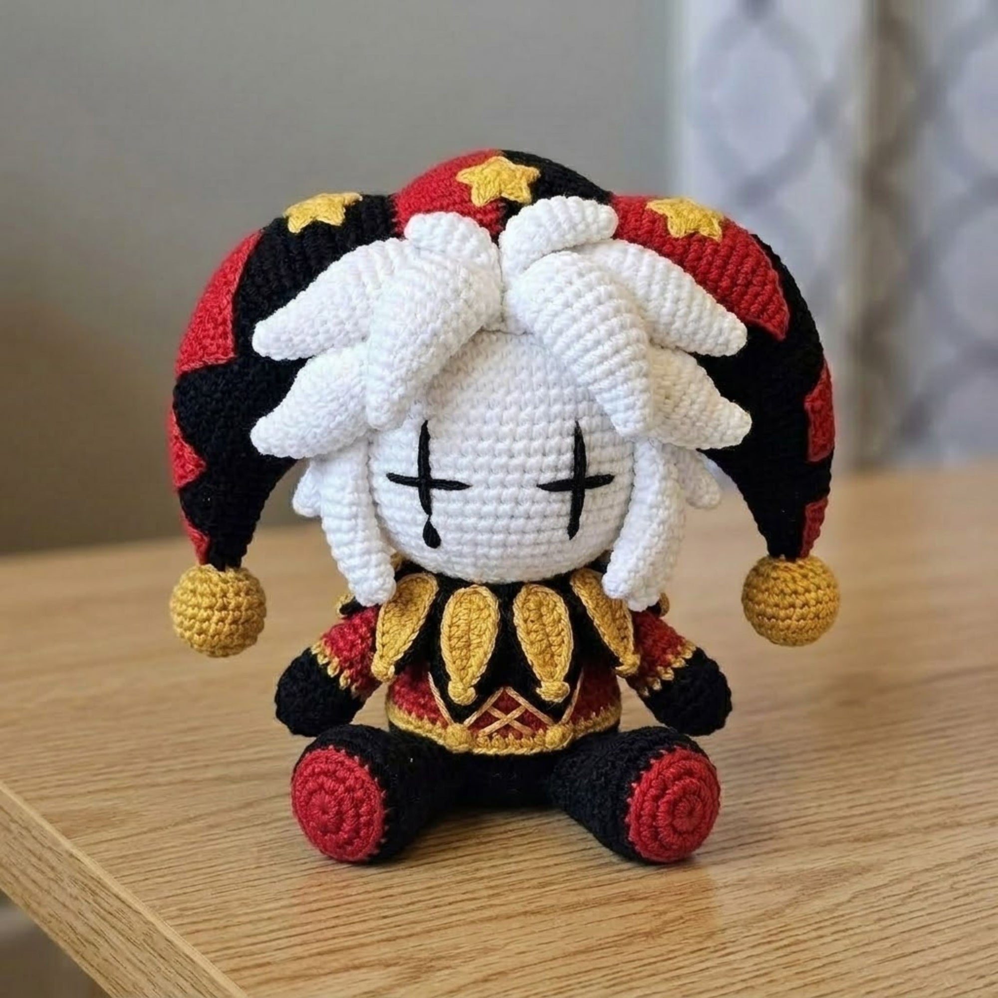 Crochet Gothic Jester Doll, Handmade Amigurumi Clown Plush, Cute Dark Circus Stuffed Toy, Kawaii Nursery Room Decor, Size 4-12 Inch Gift Toy