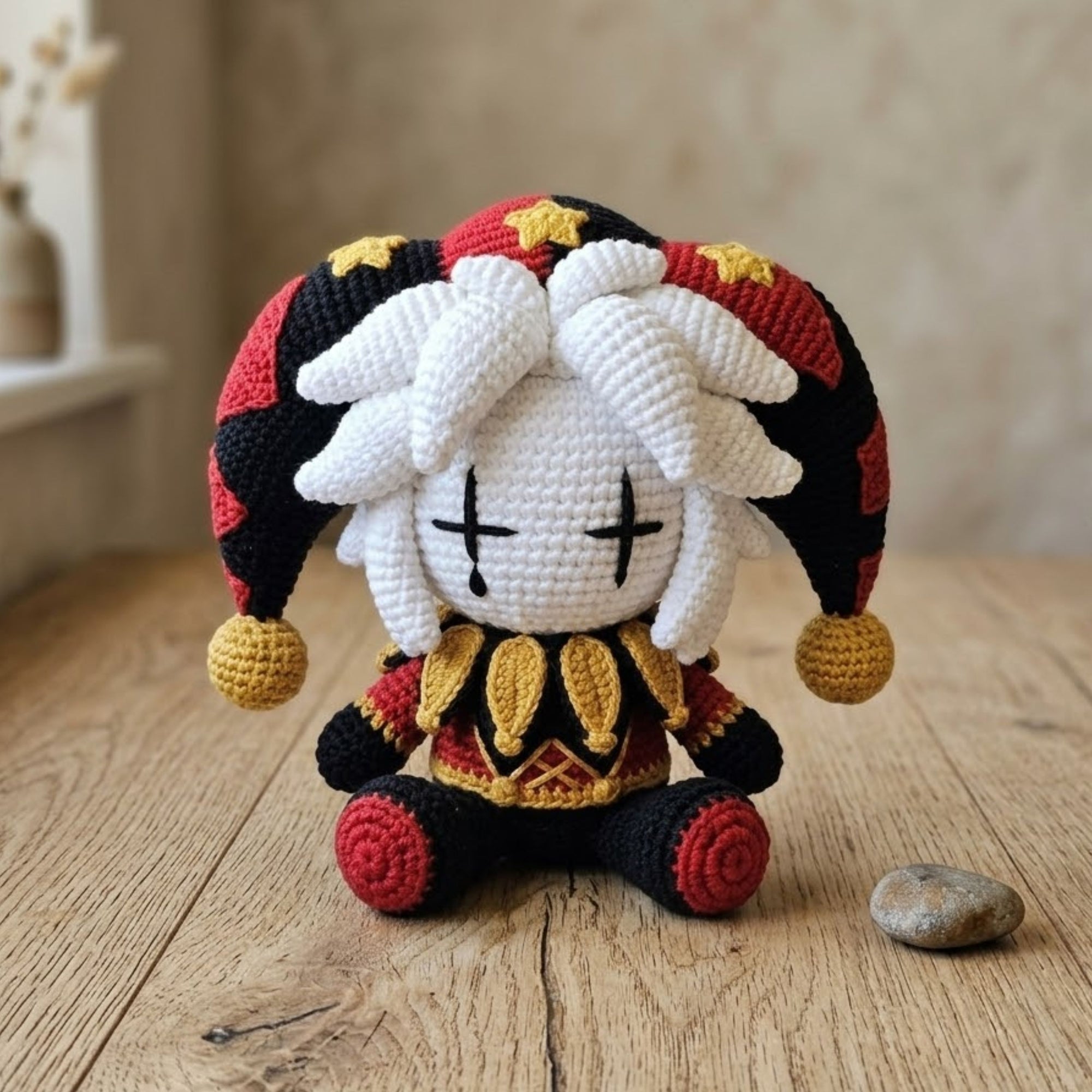 Crochet Gothic Jester Doll, Handmade Amigurumi Clown Plush, Cute Dark Circus Stuffed Toy, Kawaii Nursery Room Decor, Size 4-12 Inch Gift Toy