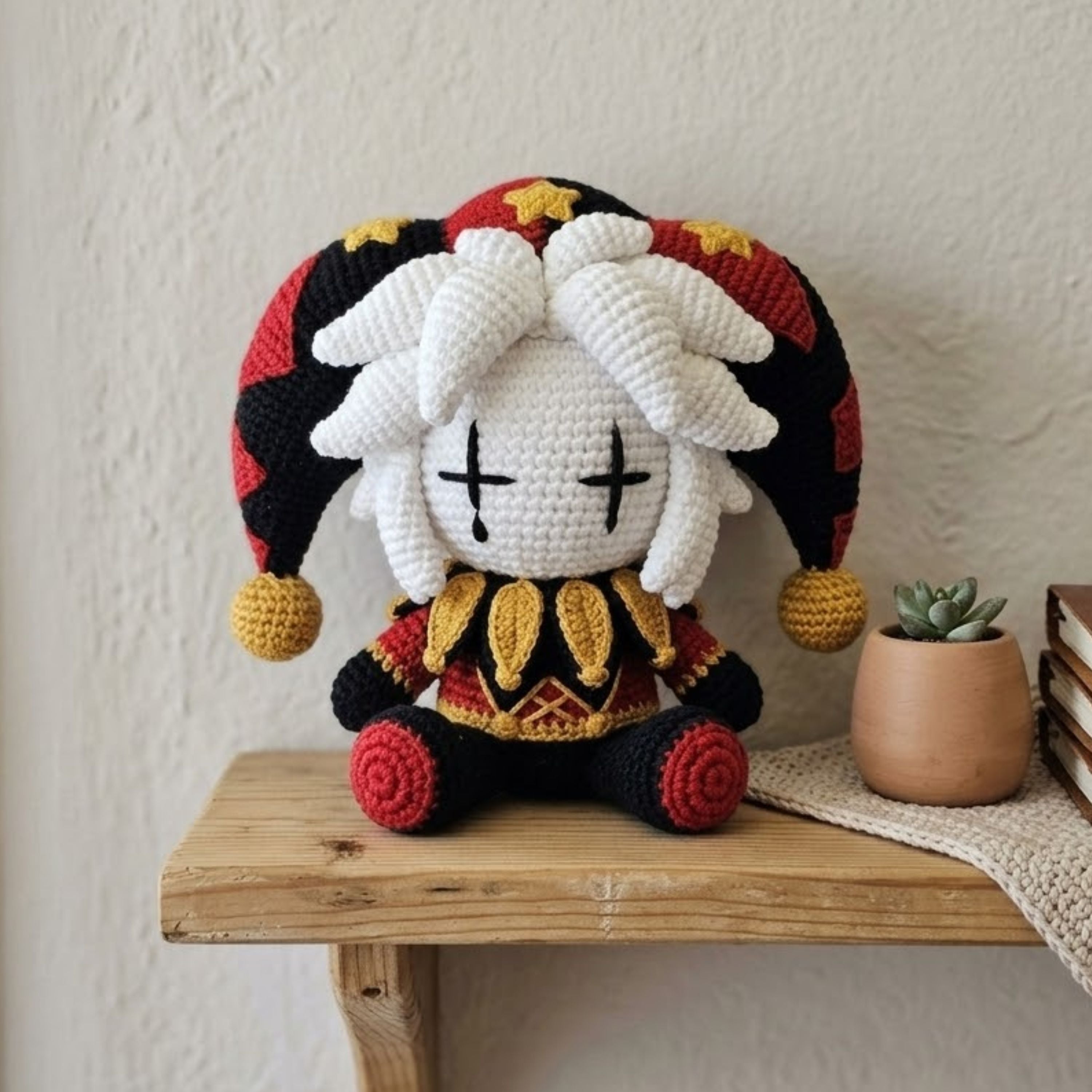 Crochet Gothic Jester Doll, Handmade Amigurumi Clown Plush, Cute Dark Circus Stuffed Toy, Kawaii Nursery Room Decor, Size 4-12 Inch Gift Toy