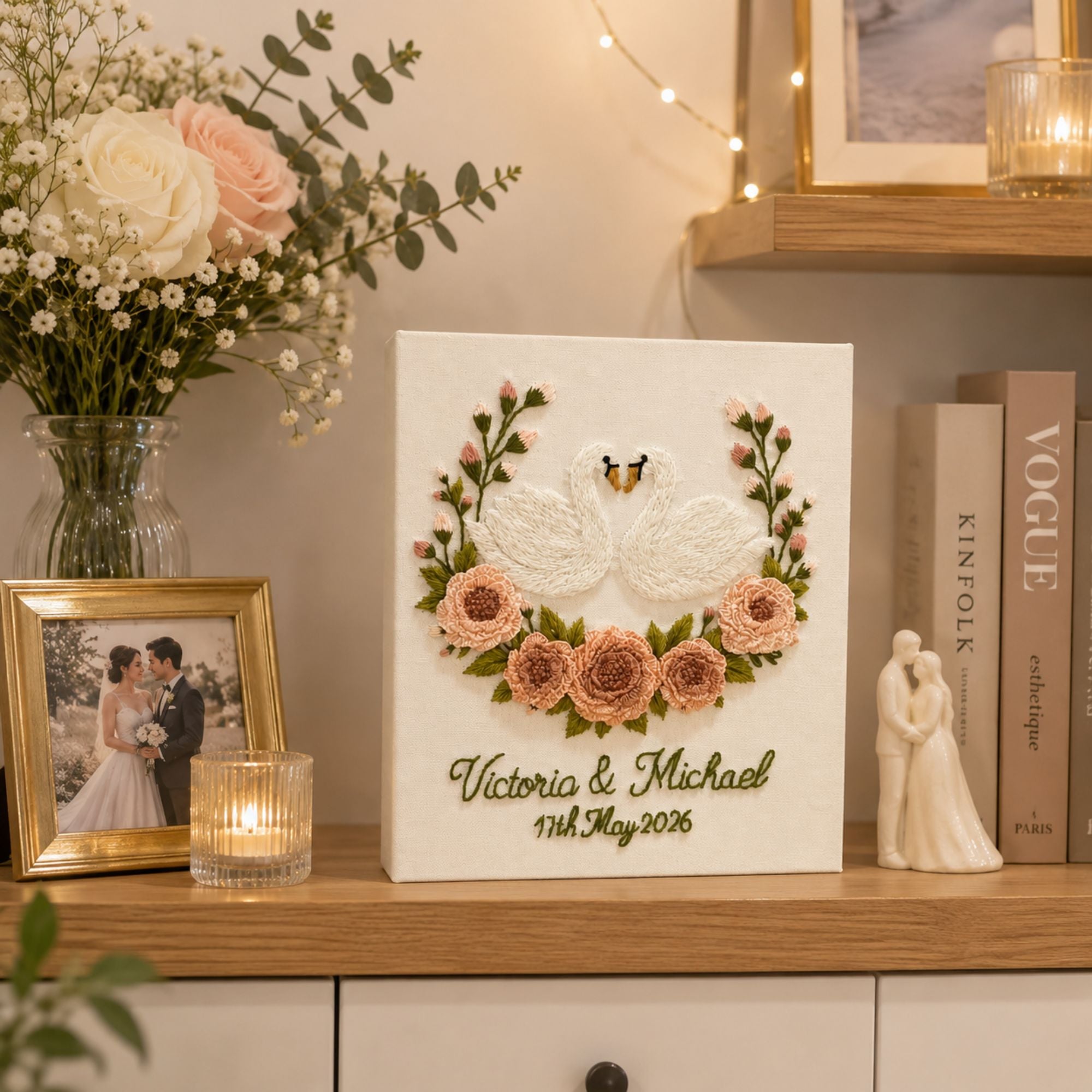 Personalized Embroidered Swan Floral Wedding Photo Album, Floral Wedding Keepsake Album, Swan Wedding Keepsake Book, Bridal Memory Gift
