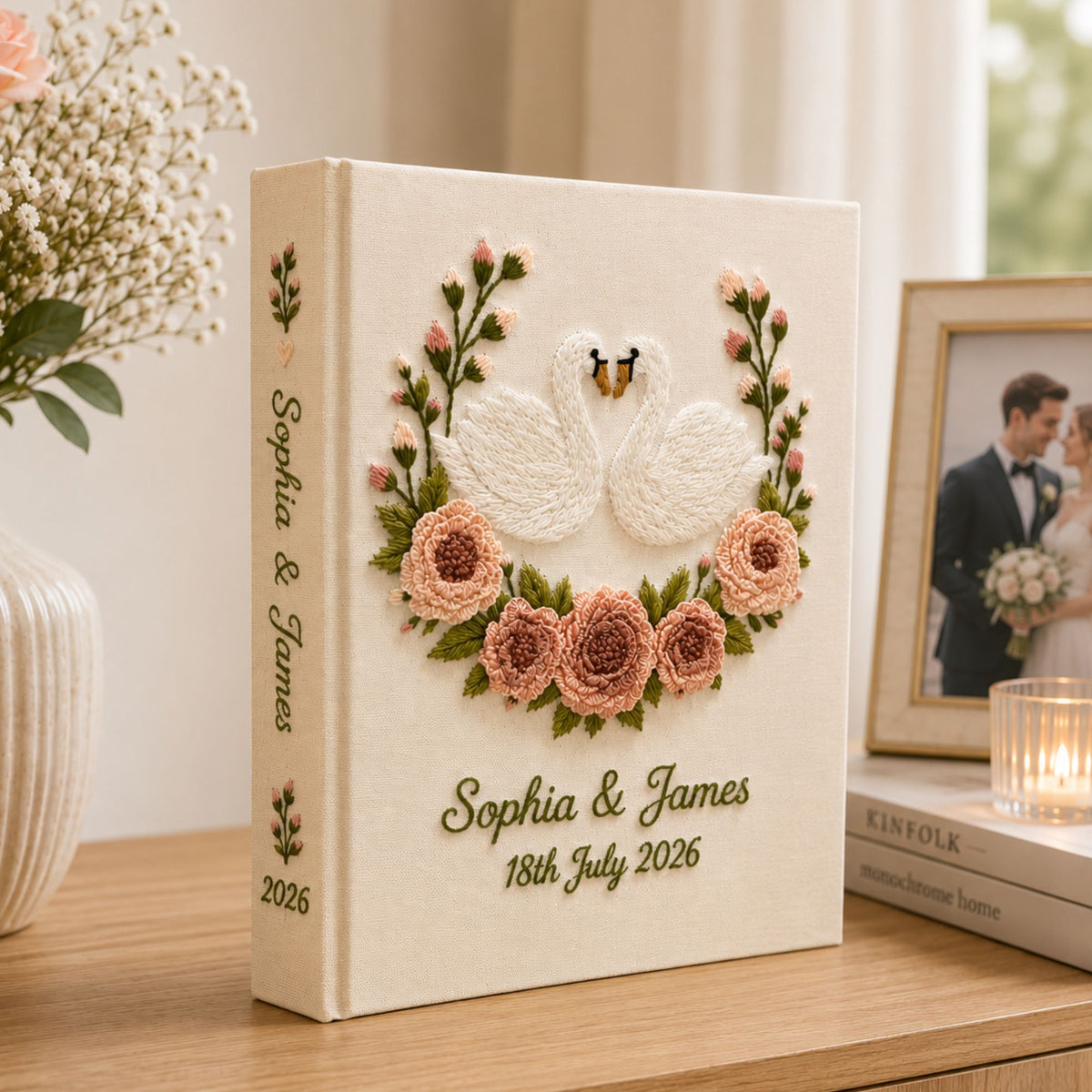 Personalized Embroidered Swan Floral Wedding Photo Album, Floral Wedding Keepsake Album, Swan Wedding Keepsake Book, Bridal Memory Gift