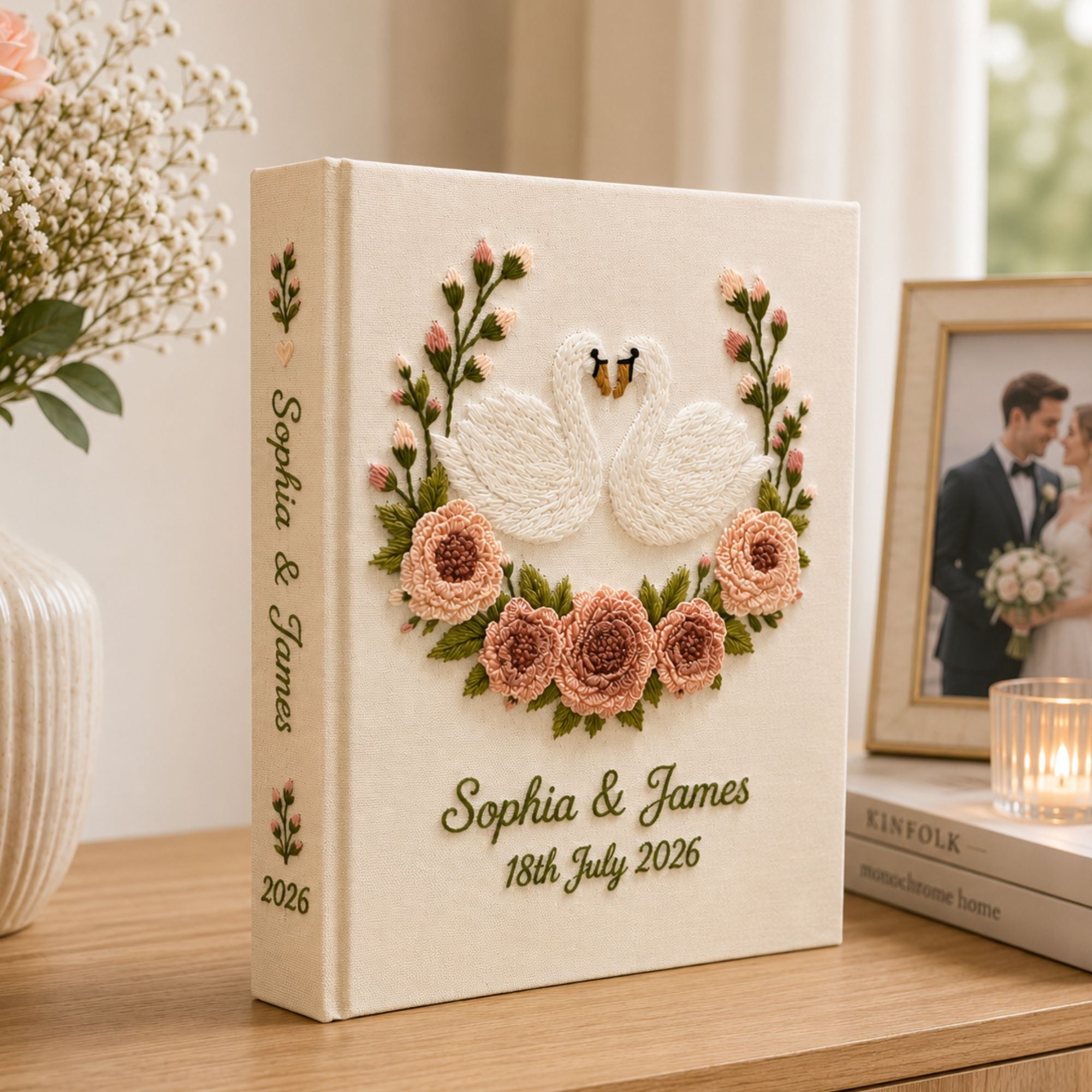 Personalized Embroidered Swan Floral Wedding Photo Album, Floral Wedding Keepsake Album, Swan Wedding Keepsake Book, Bridal Memory Gift