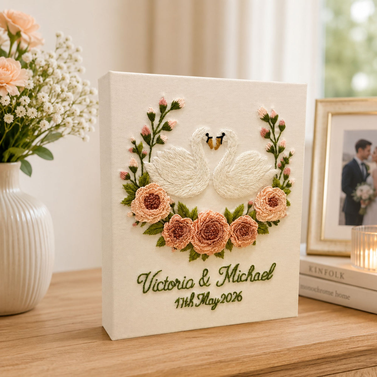 Personalized Embroidered Swan Floral Wedding Photo Album, Floral Wedding Keepsake Album, Swan Wedding Keepsake Book, Bridal Memory Gift
