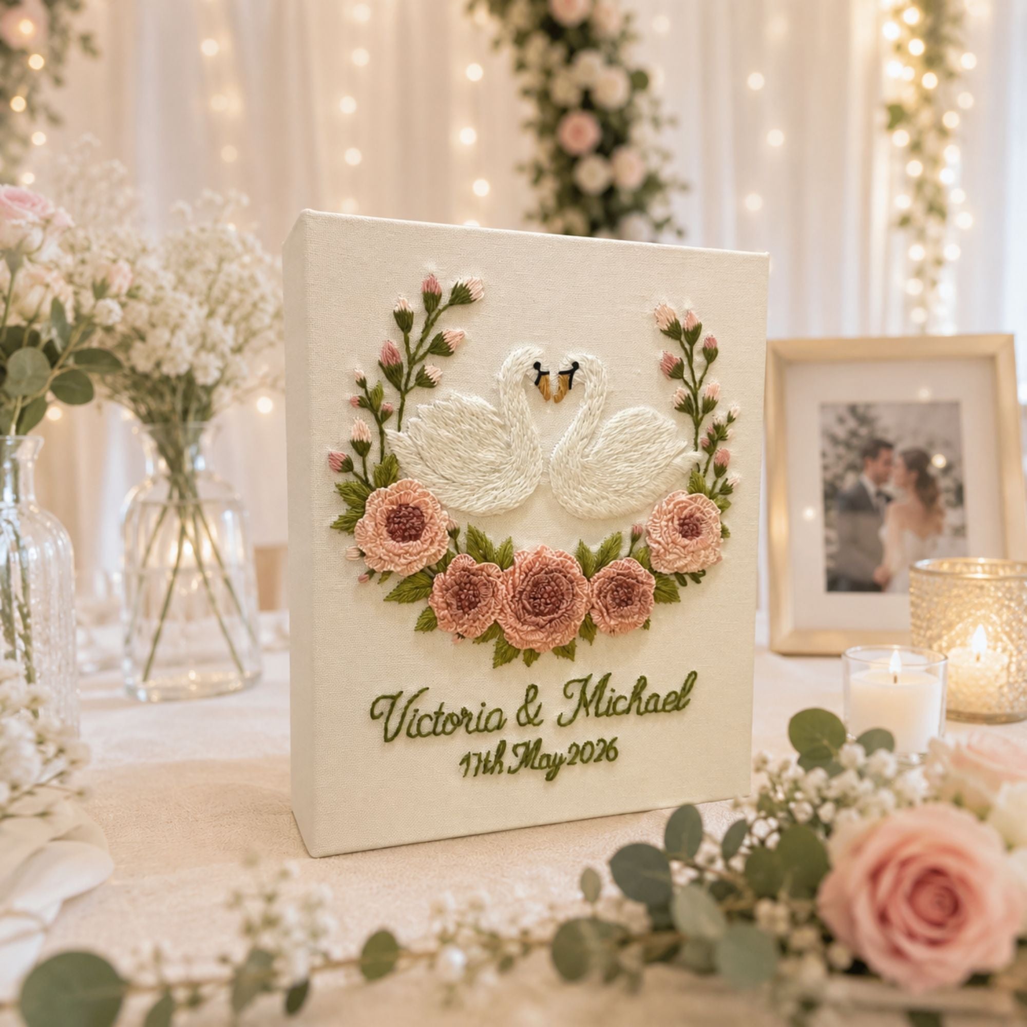Personalized Embroidered Swan Floral Wedding Photo Album, Floral Wedding Keepsake Album, Swan Wedding Keepsake Book, Bridal Memory Gift