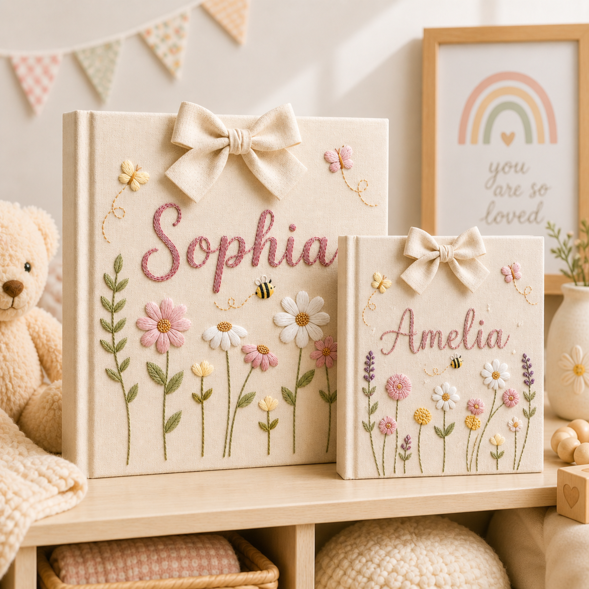 Personalized Hand Embroidered Baby Photo Album With Sleeves, Floral Butterfly Blossom Embroidered Album, Floral Baby Scrapbook, Newborn Gift
