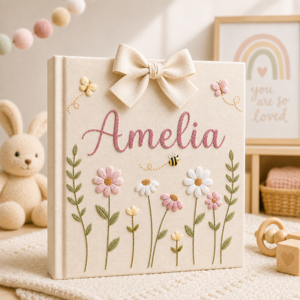 Personalized Hand Embroidered Baby Photo Album With Sleeves, Floral Butterfly Blossom Embroidered Album, Floral Baby Scrapbook, Newborn Gift