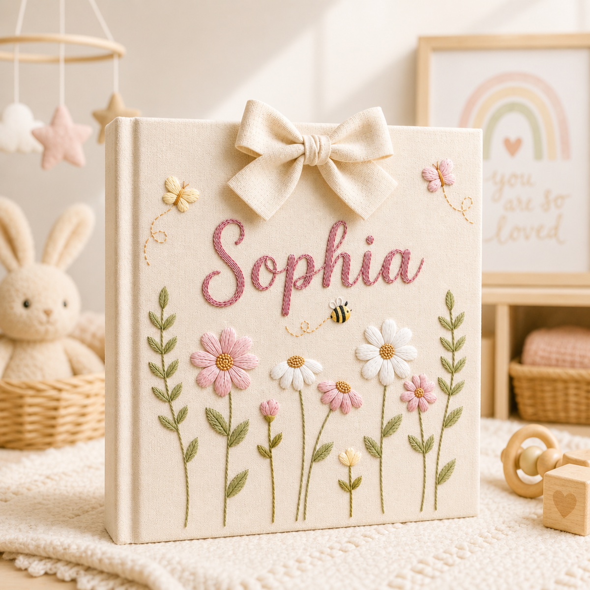 Personalized Hand Embroidered Baby Photo Album With Sleeves, Floral Butterfly Blossom Embroidered Album, Floral Baby Scrapbook, Newborn Gift