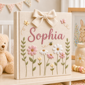 Personalized Hand Embroidered Baby Photo Album With Sleeves, Floral Butterfly Blossom Embroidered Album, Floral Baby Scrapbook, Newborn Gift