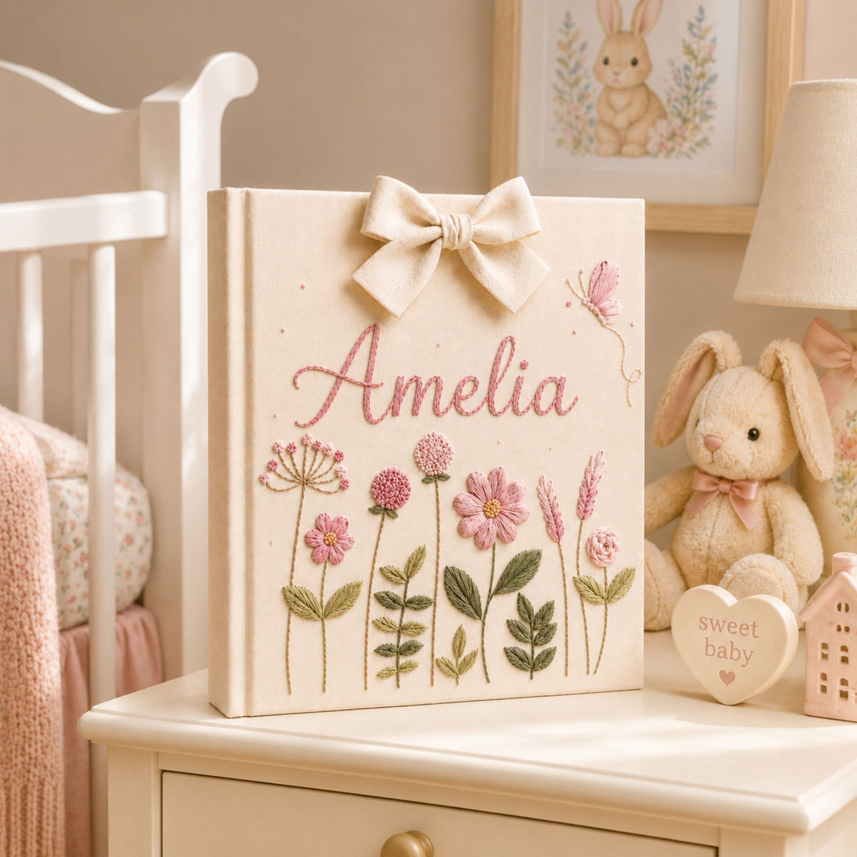 Custom Hand Embroidered Baby Photo Album, Floral Nursery Memory Book, Butterfly Wildflower Keepsake Baby Girl Album, Newborn Gift