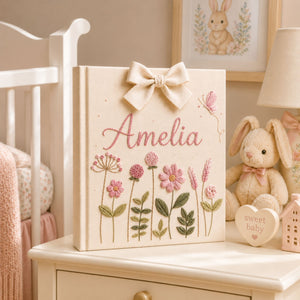 Custom Hand Embroidered Baby Photo Album, Floral Nursery Memory Book, Butterfly Wildflower Keepsake Baby Girl Album, Newborn Gift