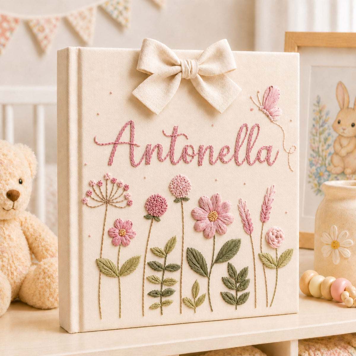 Custom Hand Embroidered Baby Photo Album, Floral Nursery Memory Book, Butterfly Wildflower Keepsake Baby Girl Album, Newborn Gift