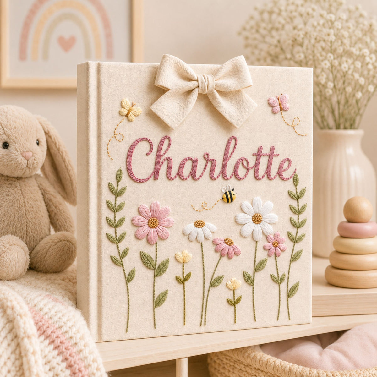 Custom Hand Embroidered Baby Photo Album, Floral Nursery Memory Book, Butterfly Wildflower Keepsake Baby Girl Album, Newborn Gift