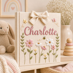 Custom Hand Embroidered Baby Photo Album, Floral Nursery Memory Book, Butterfly Wildflower Keepsake Baby Girl Album, Newborn Gift