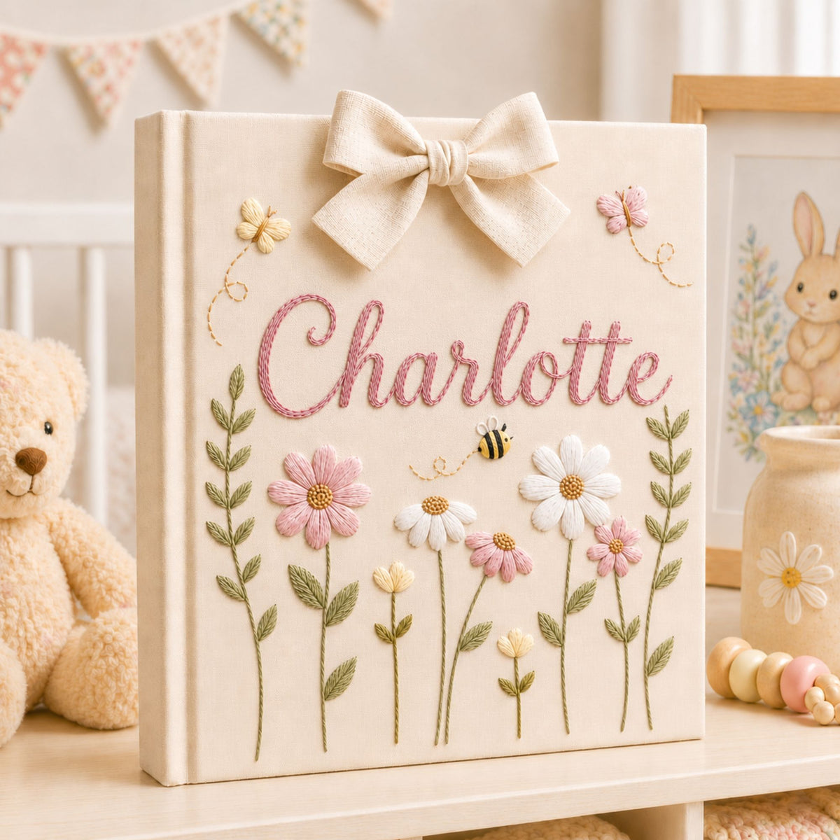 Custom Hand Embroidered Baby Photo Album, Floral Nursery Memory Book, Butterfly Wildflower Keepsake Baby Girl Album, Newborn Gift