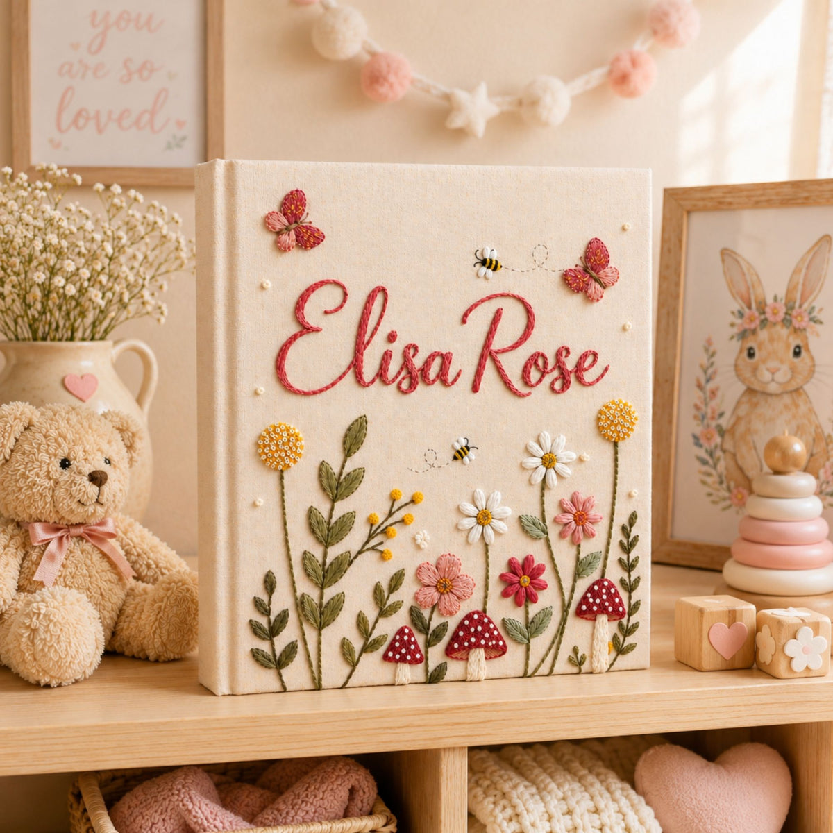 Hand Embroidered Linen Baby Photo Album, Floral Butterfly Keepsake Memory Book, Butterfly Wildflower Mushroom Photo Album, Baby Shower Gift