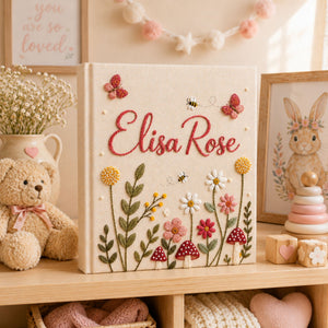 Hand Embroidered Linen Baby Photo Album, Floral Butterfly Keepsake Memory Book, Butterfly Wildflower Mushroom Photo Album, Baby Shower Gift